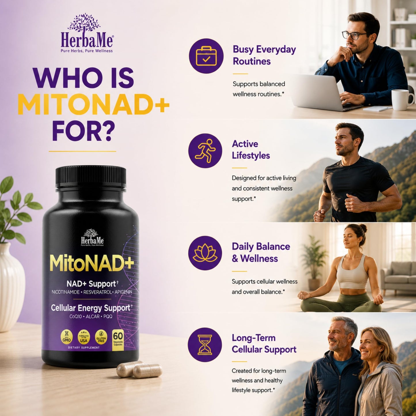 HerbaMe NAD+ Support Supplement, Multi-Pathway Cellular Energy Formula Capsule 60 Count