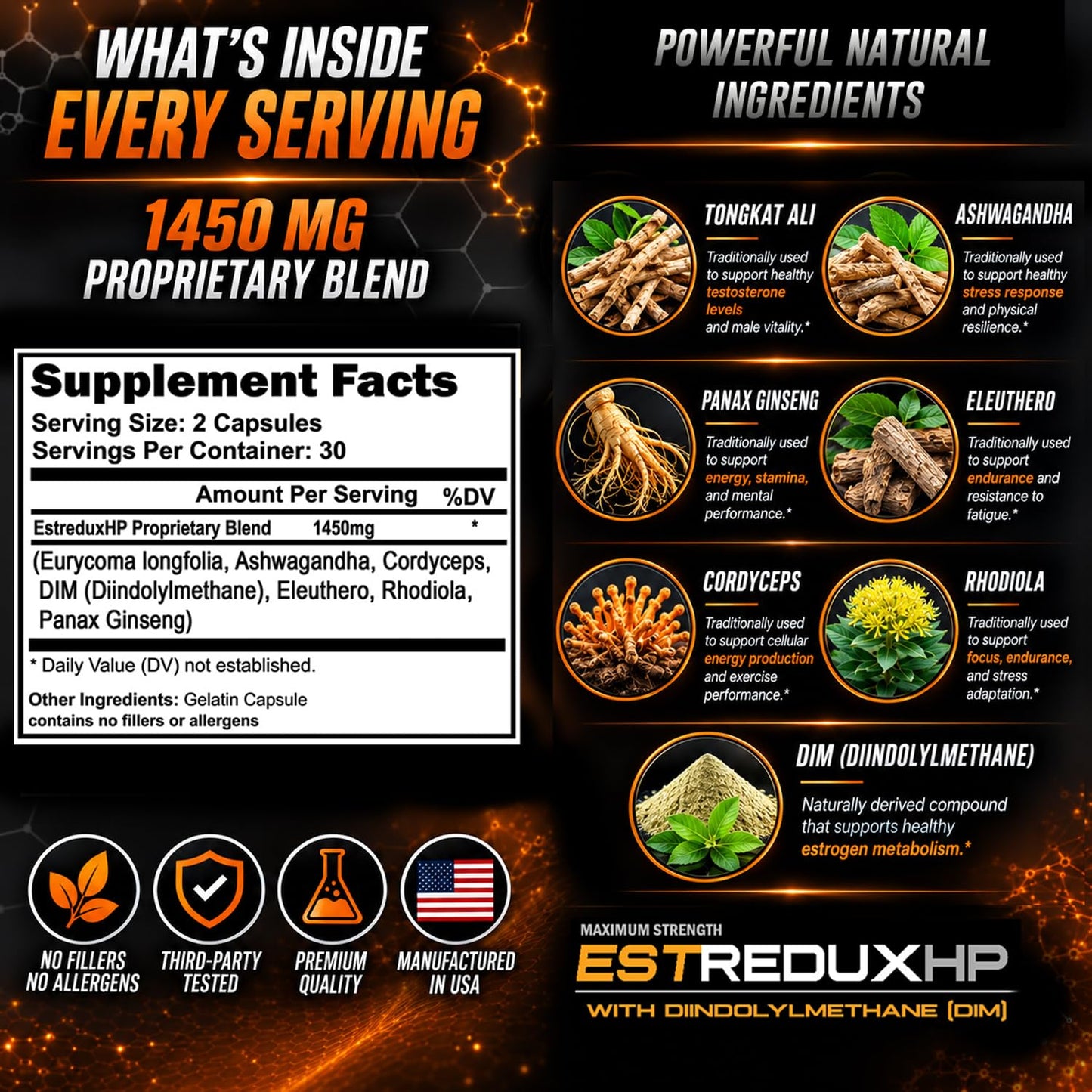 VH Nutrition ESTREDUX HP - with DIM Estrogen Blocker for Men* 1450mg of Maximum Strength Hormone Support, Tongkat Ali, Ashwagandha Capsules 30