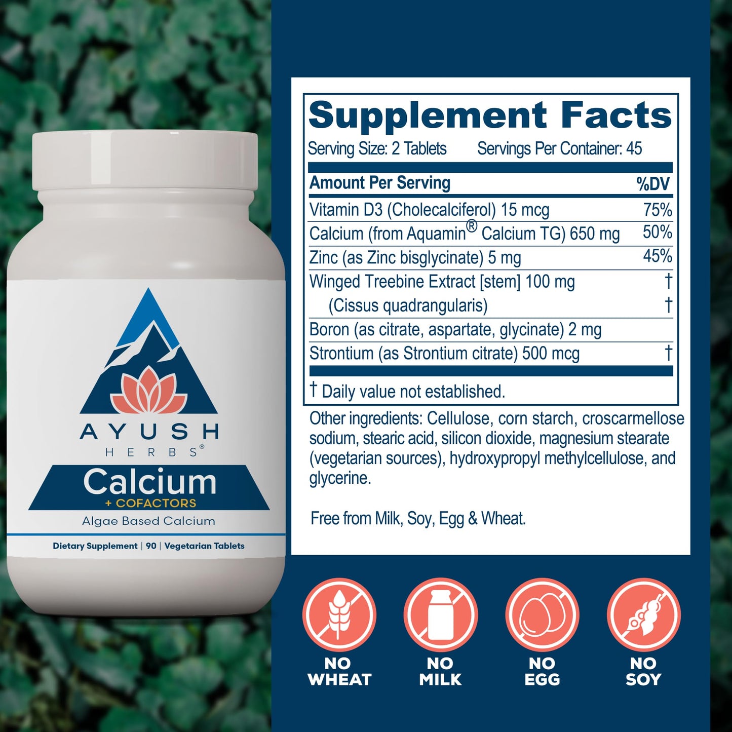 Ayush Herbs Calcium + Cofactors, Algae Based Calcium, Supports Bone Health & Mineralization, Tablets, 90 Count