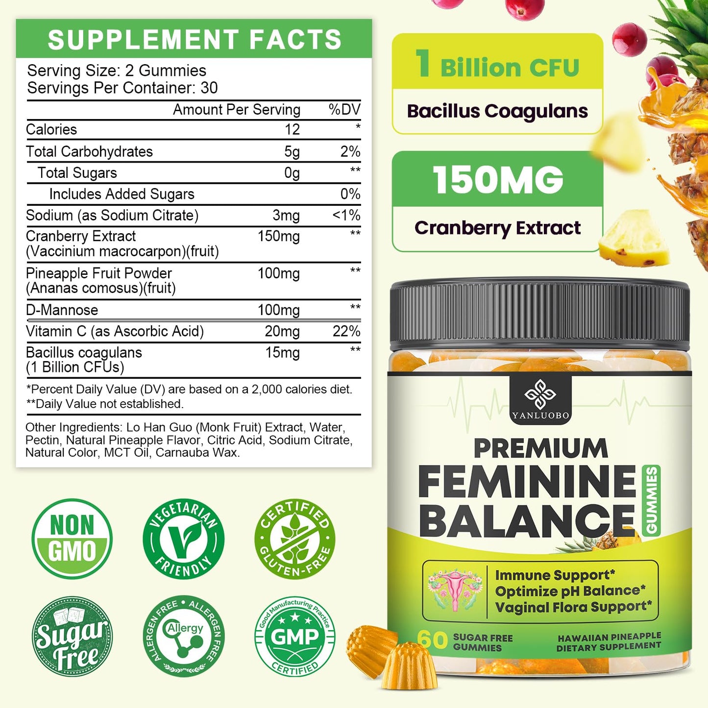 YANLUOBO Feminine Balance Probiotic Gummies 120