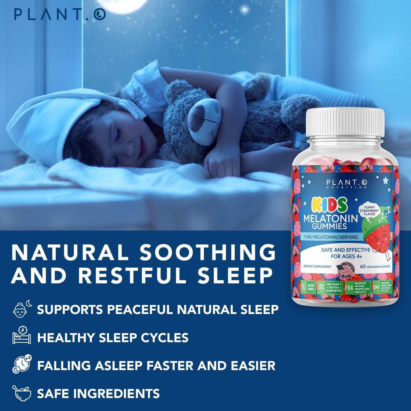 PLANT.O NUTRITION Kids Melatonin Gummies Chewables, 60 Count