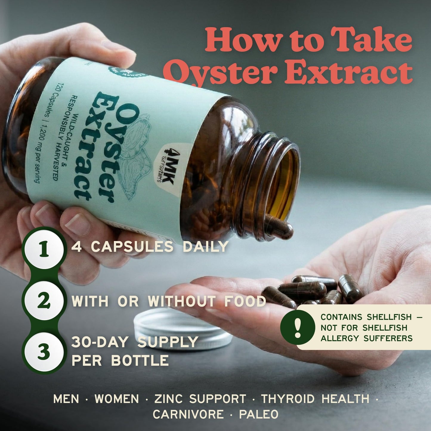 MK Supplements Wild-Caught Oyster Extract, Whole-Food Zinc, Lab Tested Capsules 120