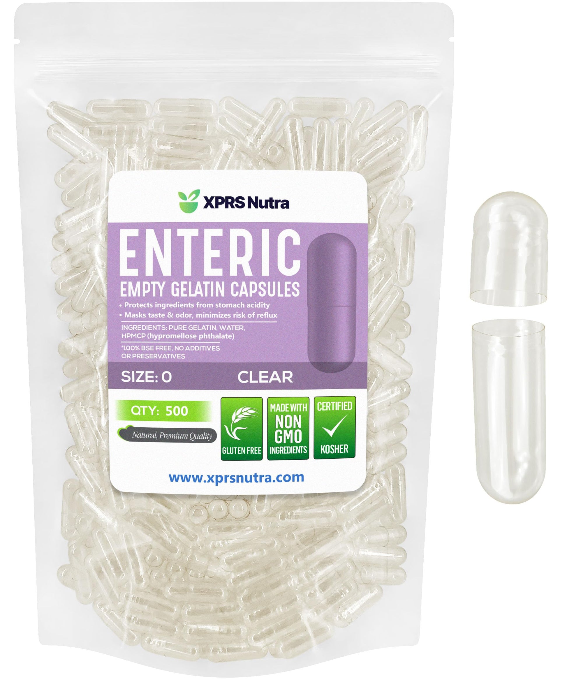 XPRS Nutra Size 0 Empty Capsules, 500 Count Enteric Coated Gelatin Capsules, Delayed Release, DIY Capsule Filling