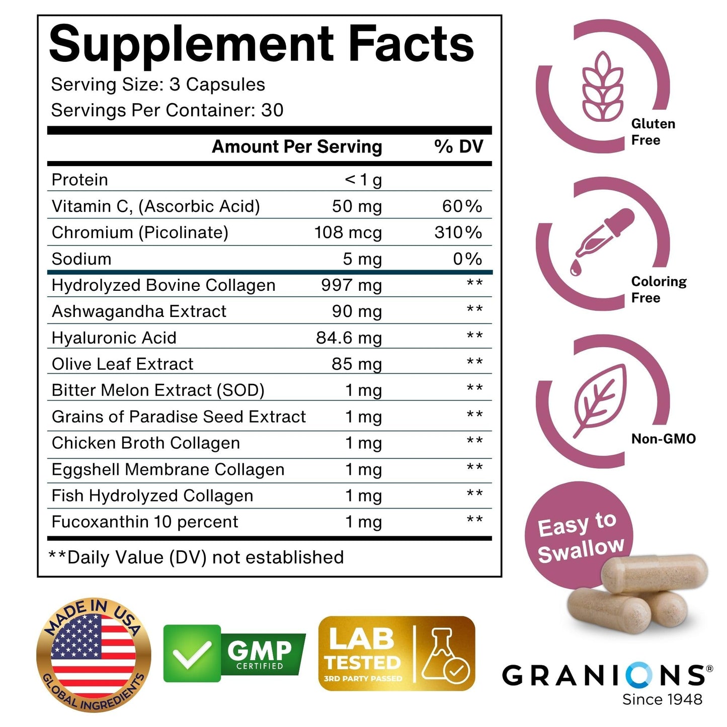 Granions Thermogenic Hydrolyzed Collagen Burn Multi Collagen Peptides Capsules, 90 Count