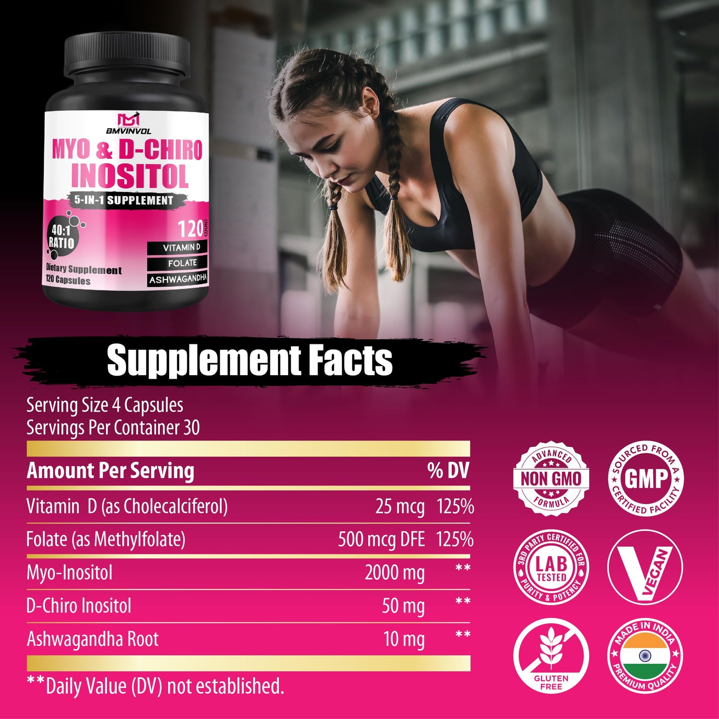 BMVINVOL Myo-Inositol & D-Chiro Inositol Capsules, 2,050mg, with Folate, Vitamin D, Hormone Balance & Ovarian Support for Women, 40:1 Ratio, 120 Capsules