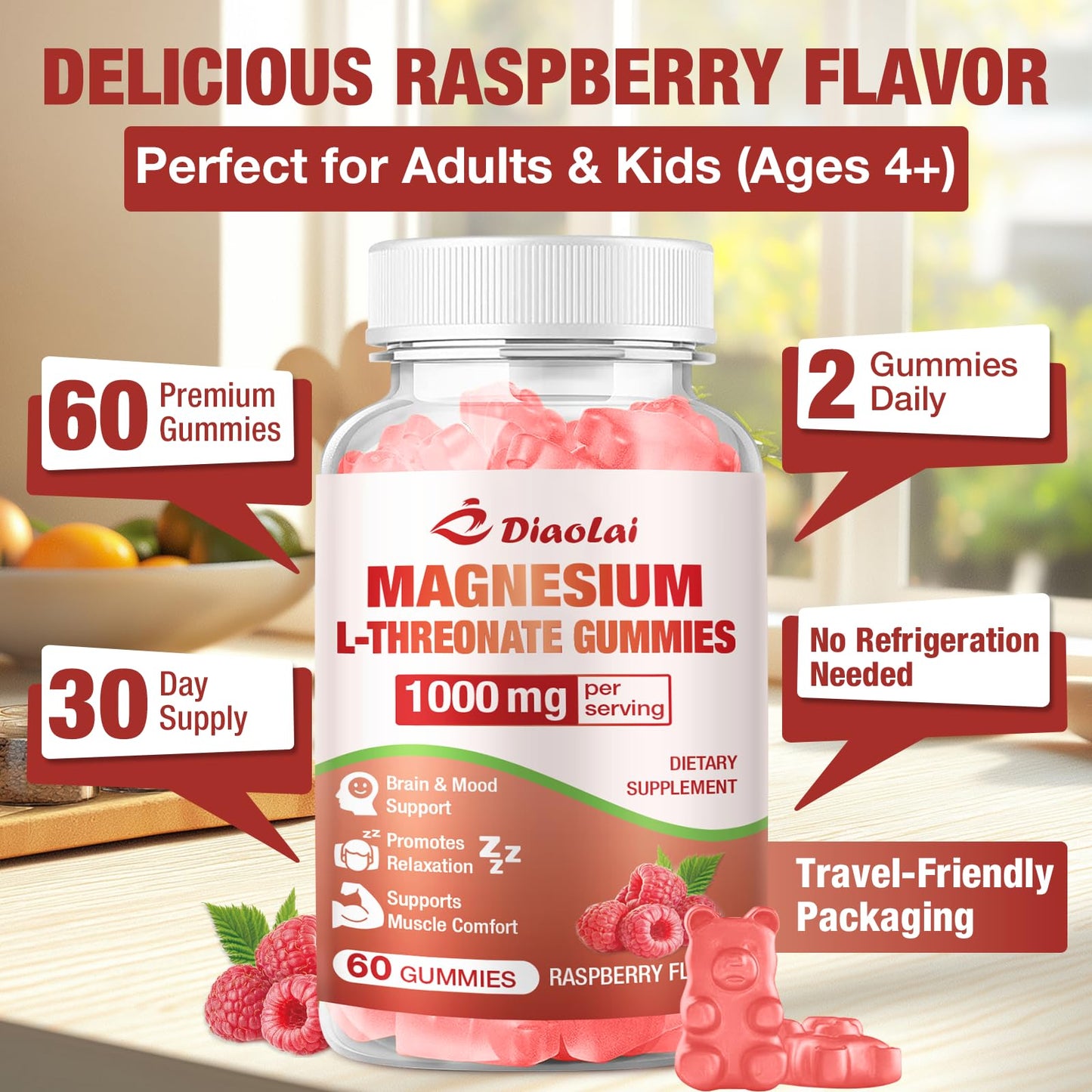 DIAOLAI Magnesium L-Threonate Gummies 1000mg, 2 Count