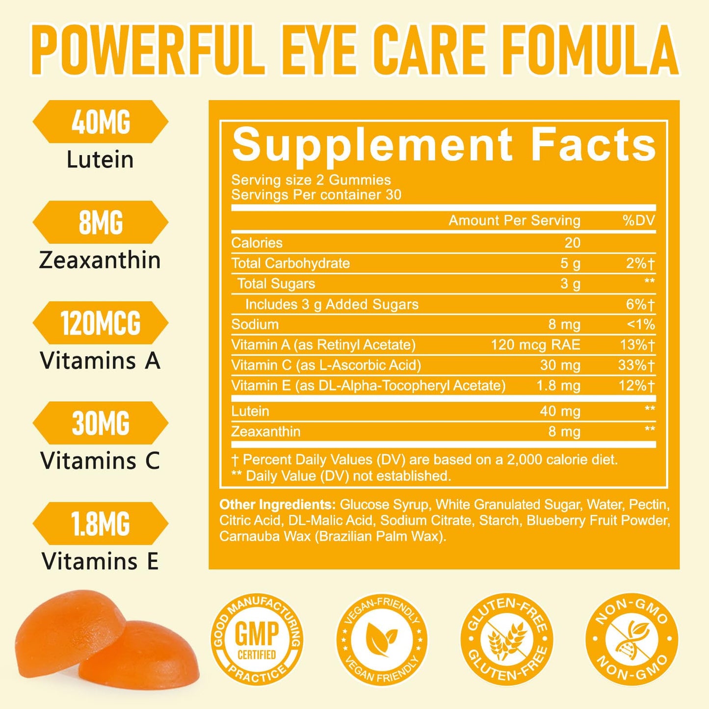 Bestniffes Lutein Gummies with Lutein 40mg & Zeaxanthin 8mg for Eye Health, Vegan, 60 Gummies