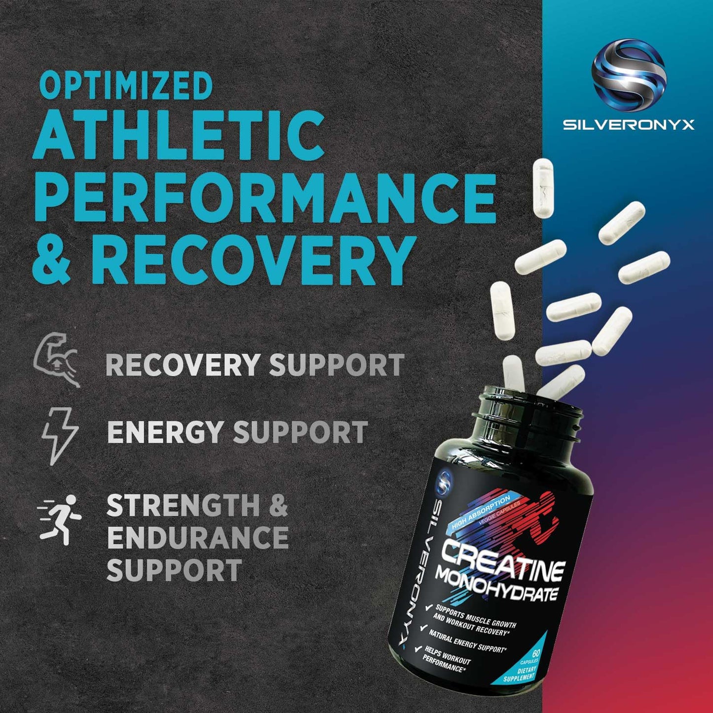 SILVERONYX Creatine Monohydrate 3000mg Capsule, 60 Count