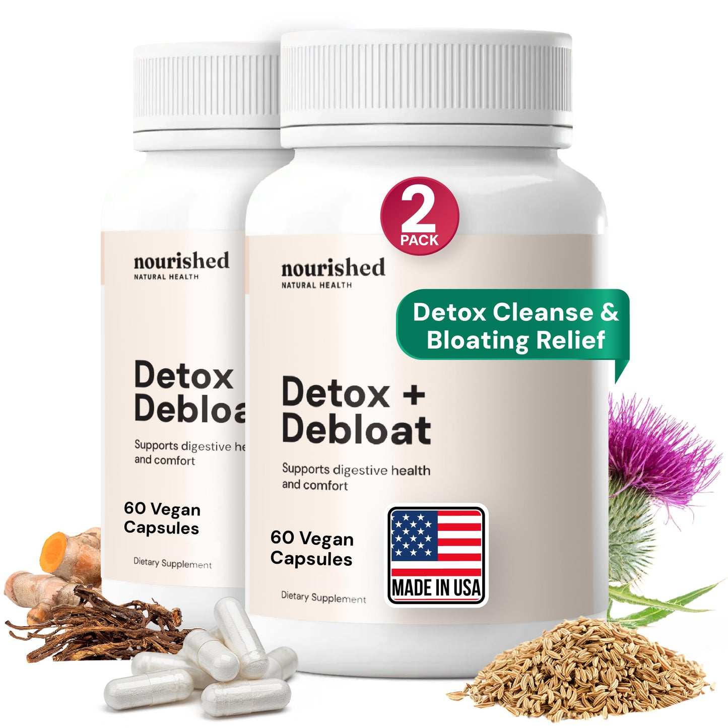 Nourished Natural Health Detox + Debloat - Detox Cleanse and Bloating Relief for Women - Liver & Digestive Support with Milk Thistle, Dandelion, Fennel & Turmeric | Vegan, Gluten-Free, 120 Capsules