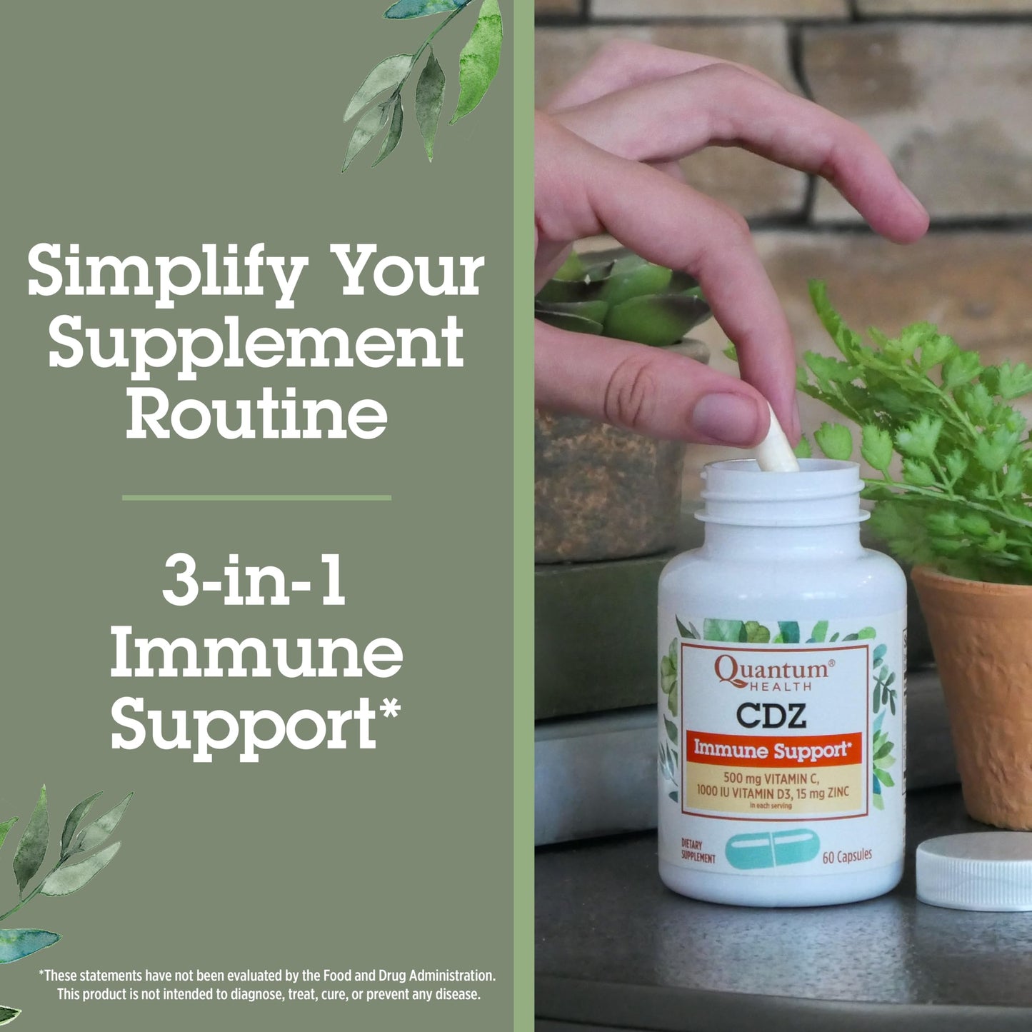 Quantum CDZ Immune Support Supplement Vitamin C 500 mg, Vitamin D 1000 IU Plus Zinc 15 mg Powerful Whole Body Wellness Support Complex - Daily Immunity Boost for Women & Men 60 Capsules