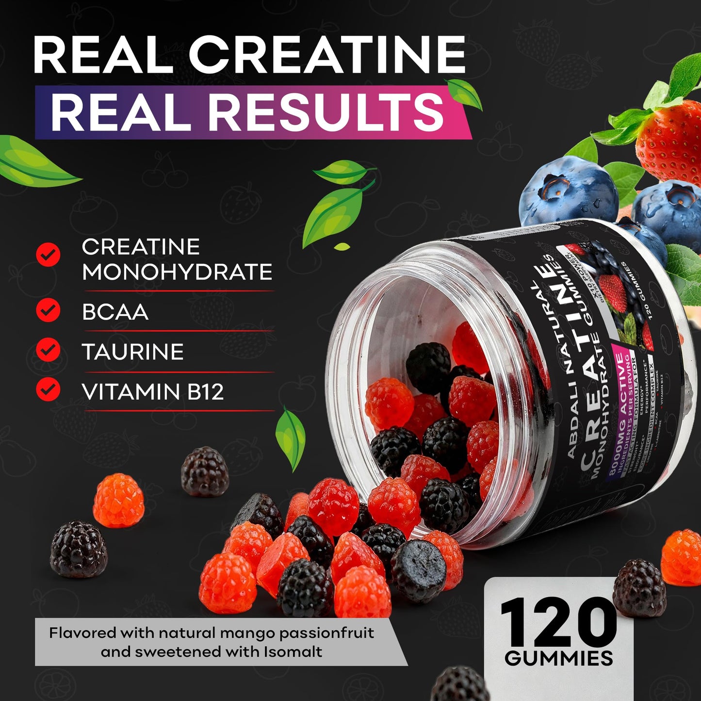 ABDALI NATURAL Creatine Gummies 8000mg Complex – Pre Workout Creatine with L-Taurine & BCAA 2:1, Multi-Flavor Chewable Gummies, 120 Count