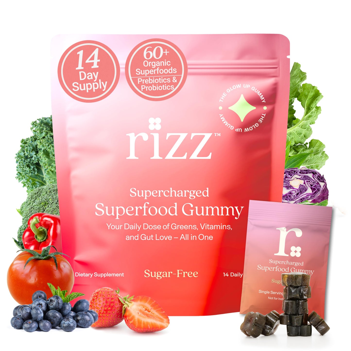 RIZZ Sugar-Free Green Gummies - 60+ Superfoods 6g Fiber - 14 Day Supply Prebiotic and Probiotic Gummies - Vegan Multivitamins for Women & Men - Gluten Free - Mushroom, Fruit and Vegetable Supplements, 112 Gummies