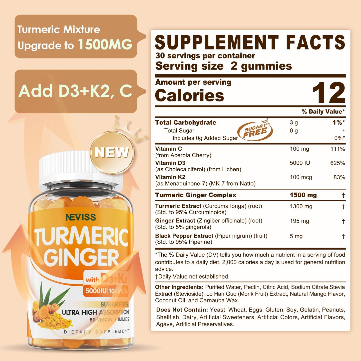 NEVISS Turmeric Ginger & Moringa Gummies, 240 Gummies