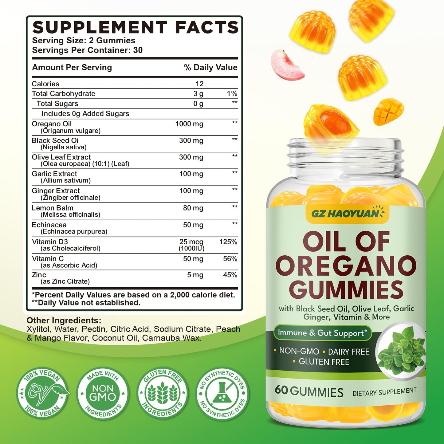GZ HAOYUAN Oil of Oregano Gummy with Black Seed Oil + Vitamin D3, 60 Count