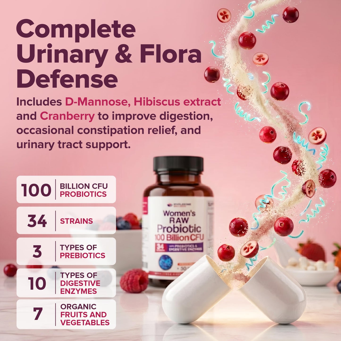 Wholesome Wellness Dr. Formulated Raw Probiotics for Women 100 Billion CFUs Capsules, 60 Count
