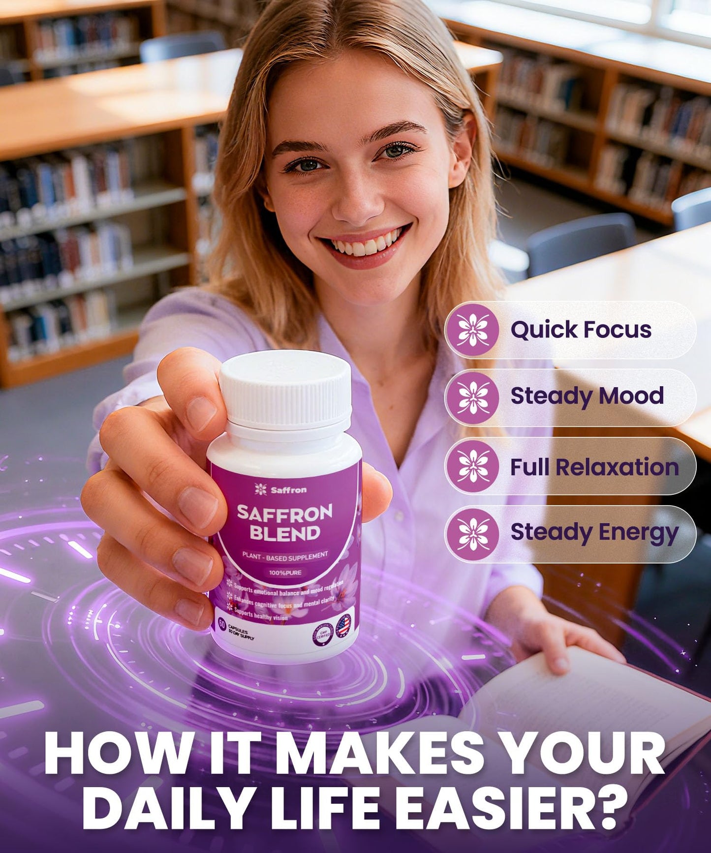 ZonaVitalis Saffron Supplements for Men & Women - Mood, Energy & Vision Support - Saffron, Magnesium, Vitamin B6 & Adaptogenic Herbal Blend, 60 Capsules