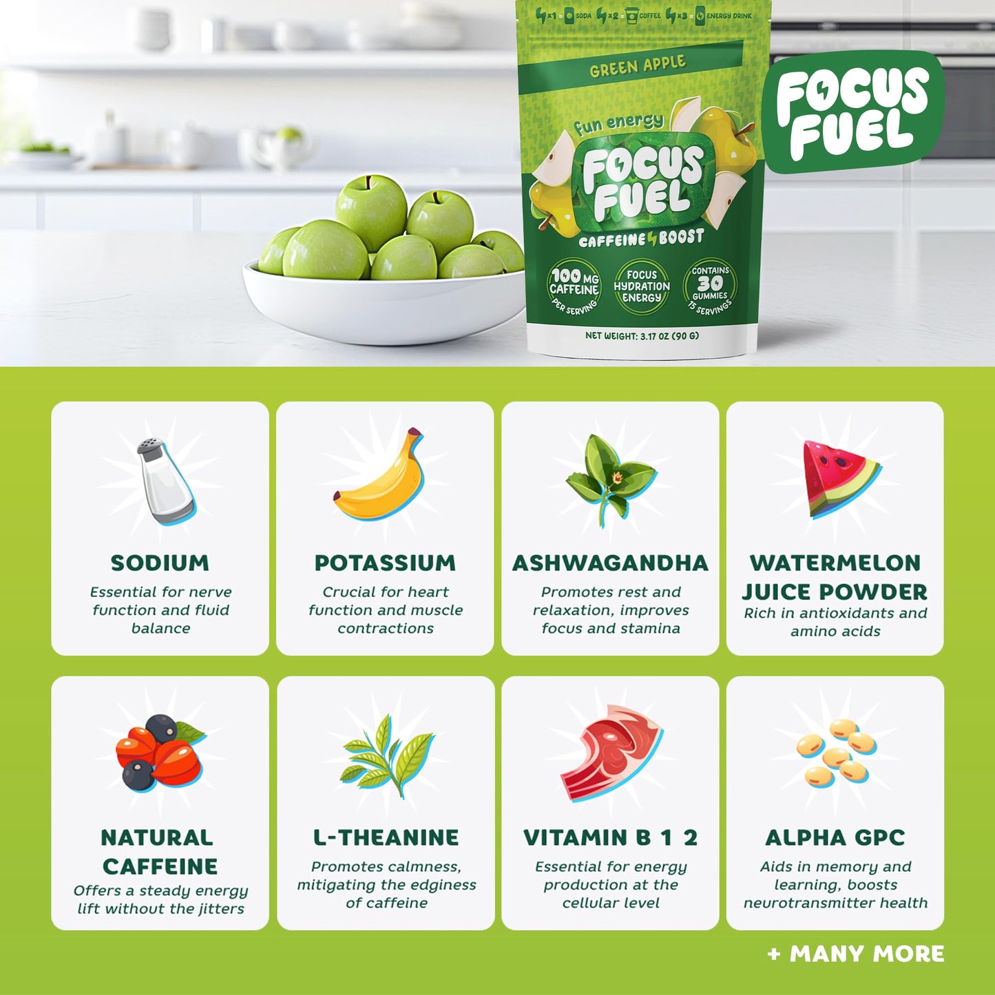 FocusFuel Energy Chews Variety Pack – Blue Razzberry Lemonade & Green Apple Flavors, 60 Chews