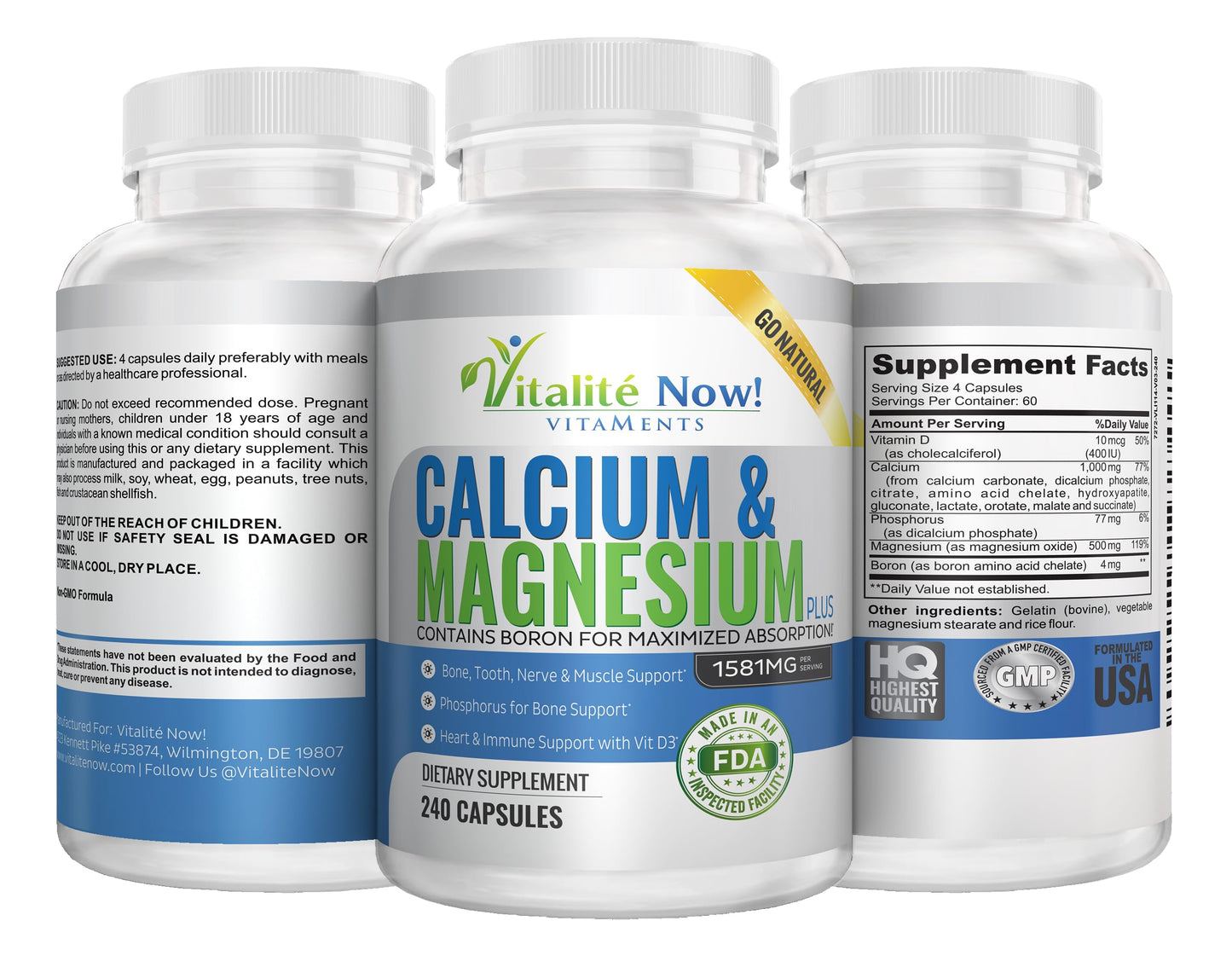 Vitalité Now! Calcium Magnesium Supplement 1000mg with Vitamin D Capsule, 240 Count