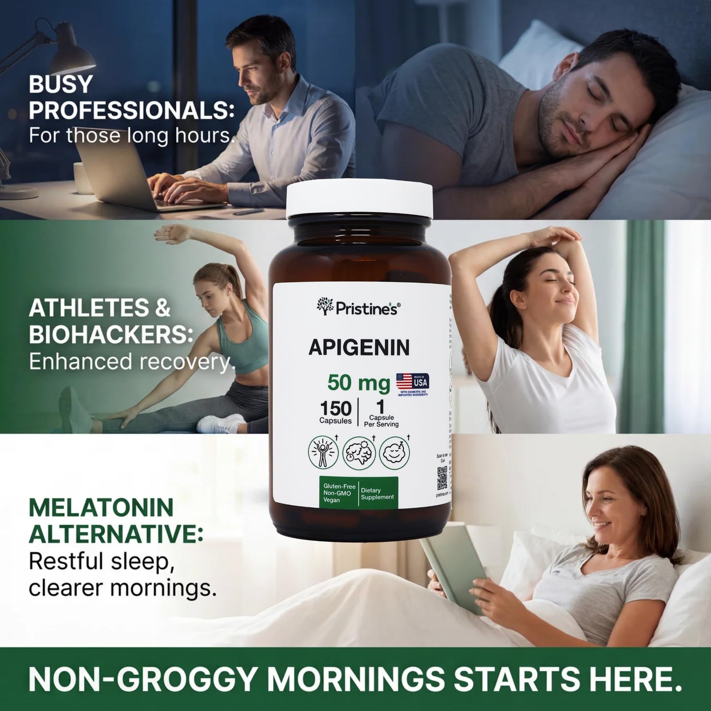 PRISTINE'S Apigenin Supplement for Sleep 50mg Capsule, 150 Count