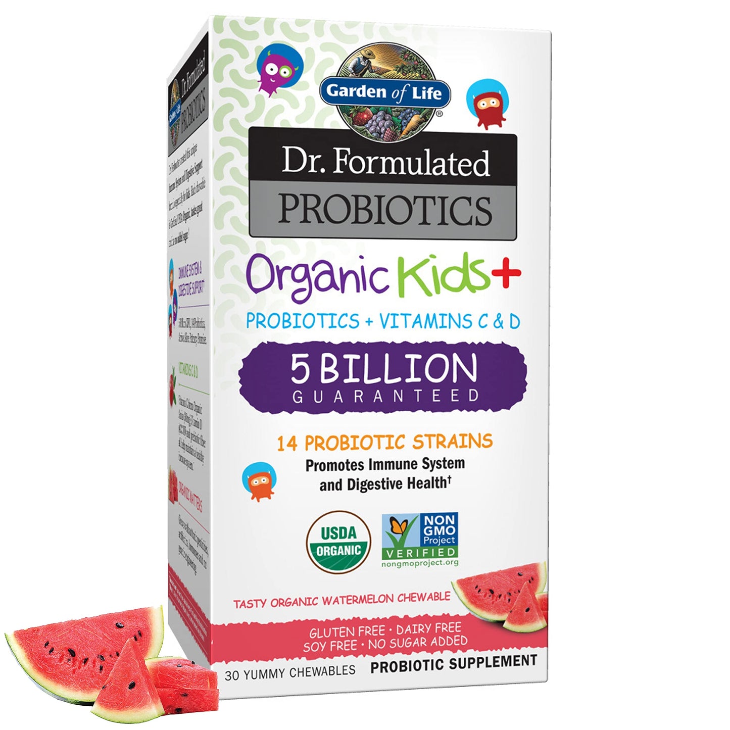 Garden of Life Dr. Formulated Probiotics Organic Kids+ Digestive Health Support with Prebiotic Fiber & Vitamins C & D - Supports Immune Function - Watermelon, 30 Tablets