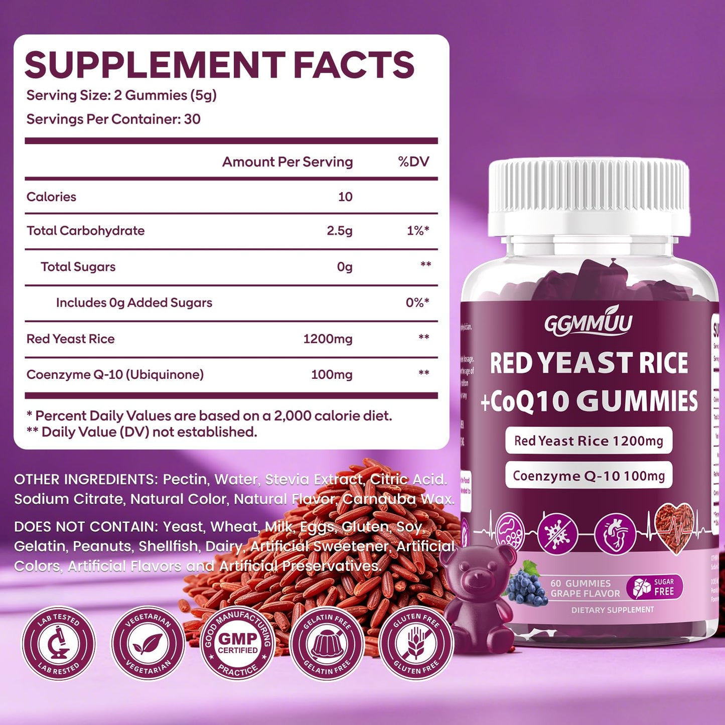 GGMMUU Red Yeast Rice with CoQ10 Gummies 120 Count