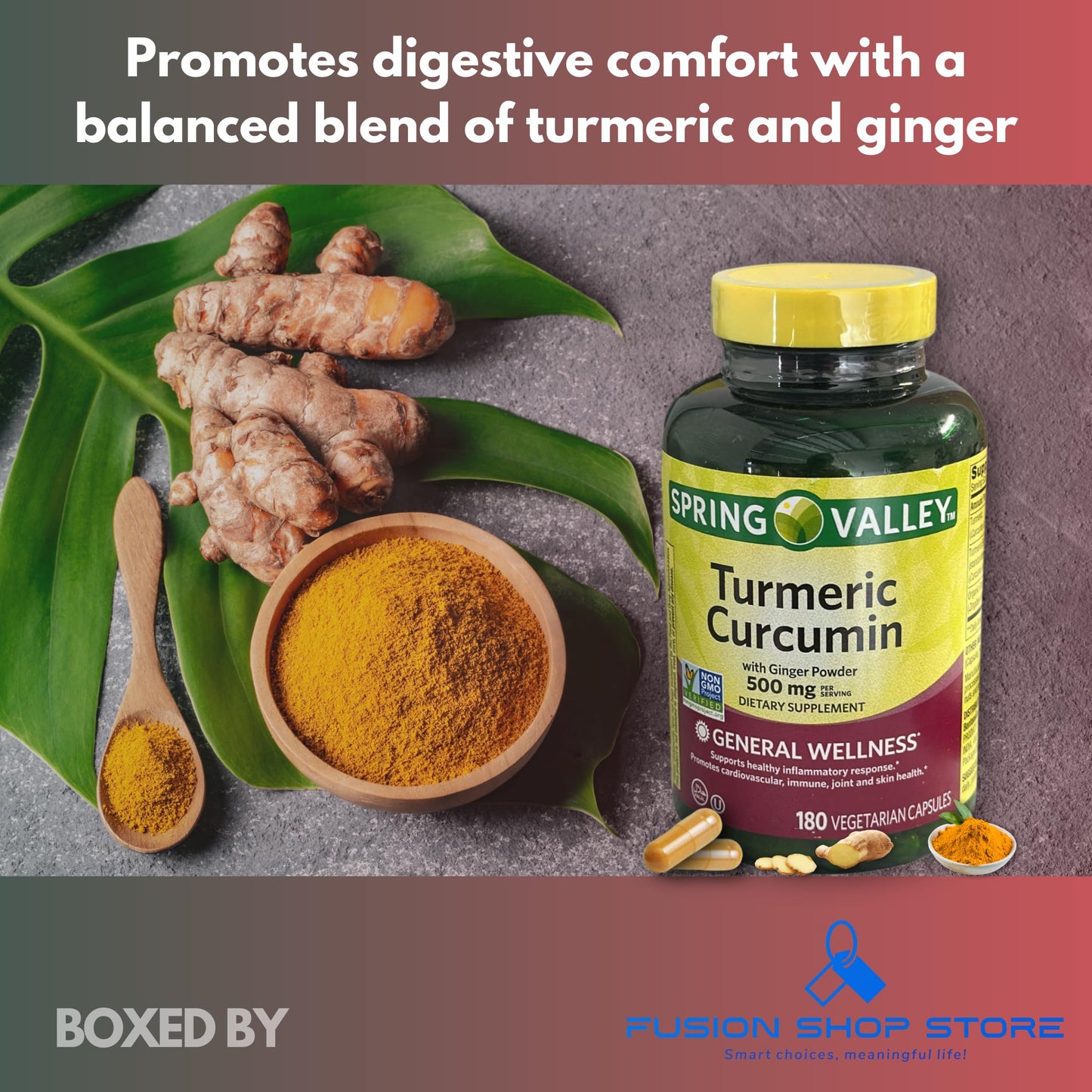 Fusion Shop Store Turmeric Curcumin 500mg with Ginger Powder Capsules, 180 Count