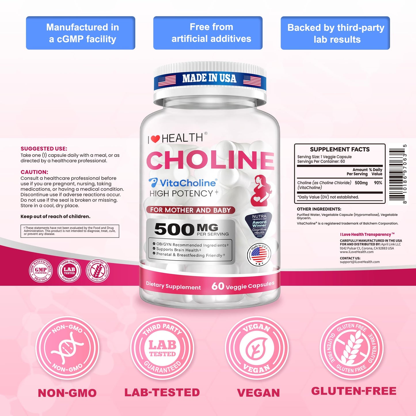 I LOVE HEALTH VitaCholine Choline 500mg Prenatal Capsule, 60 Count