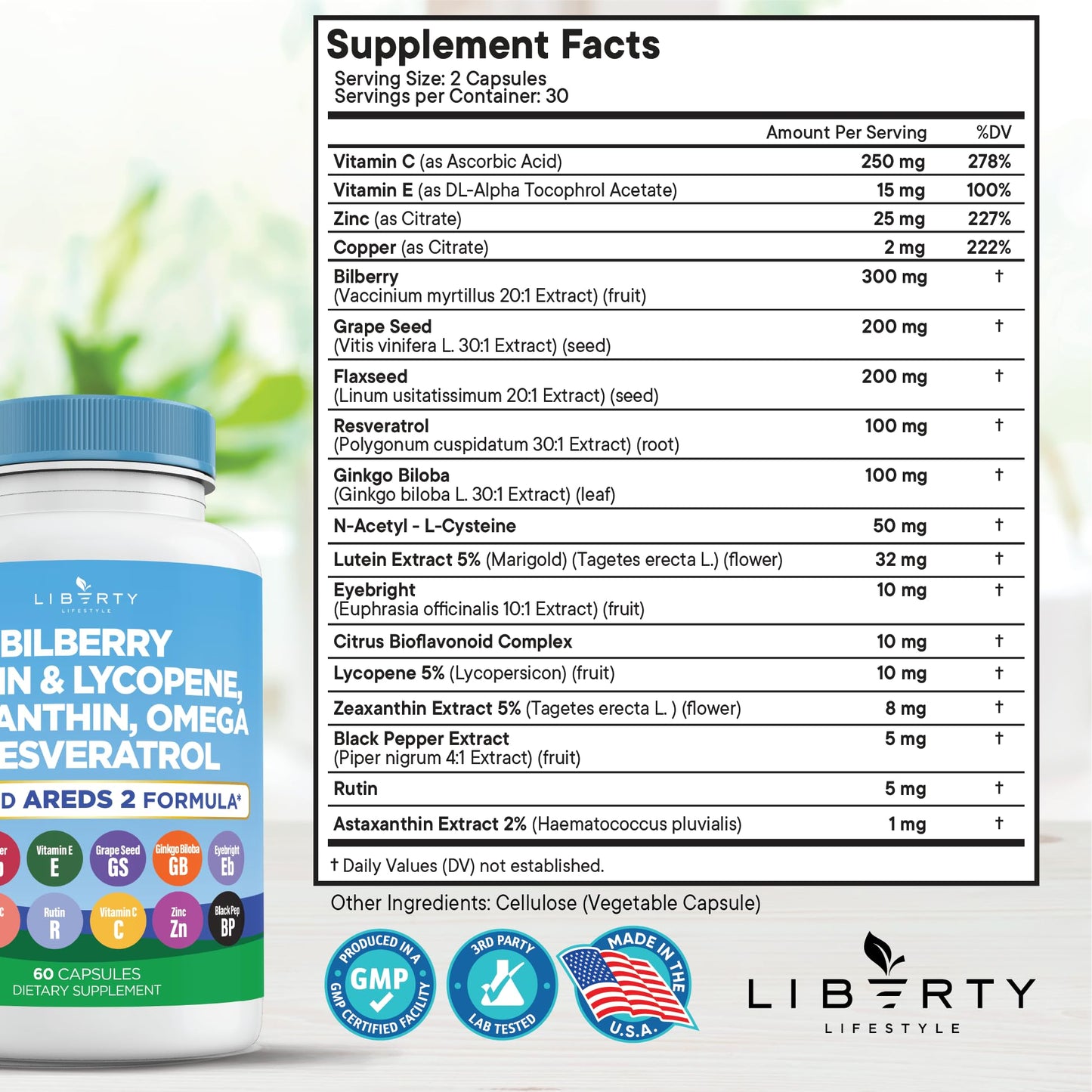 Liberty Lifestyle Eye Health Vitamins with Bilberry, Lutein & Zeaxanthin, Lycopene, Resveratrol, Grape Seed Extract, Flaxseed Astaxanthin- AREDS 2 Capsule, 120