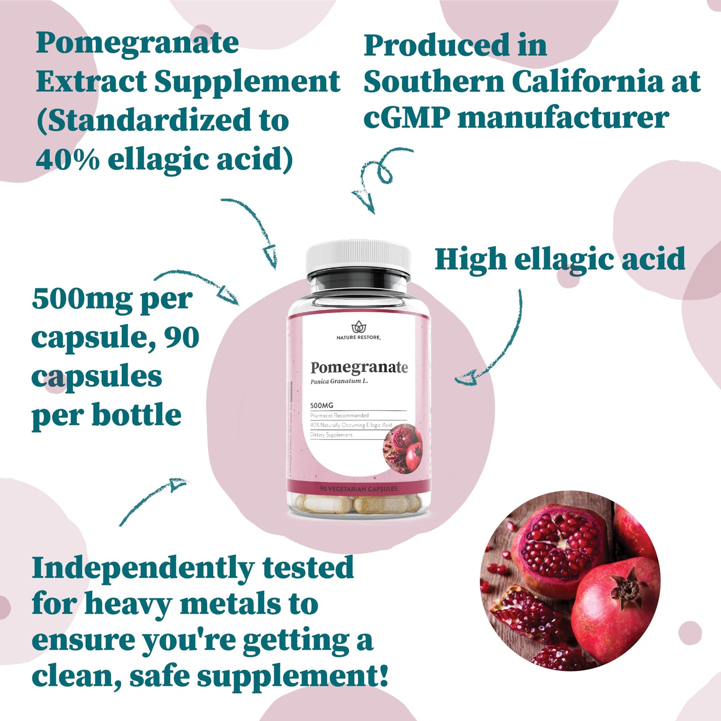 Nature Restore Premium Pomegranate Extract Supplement Capsules 90 Count