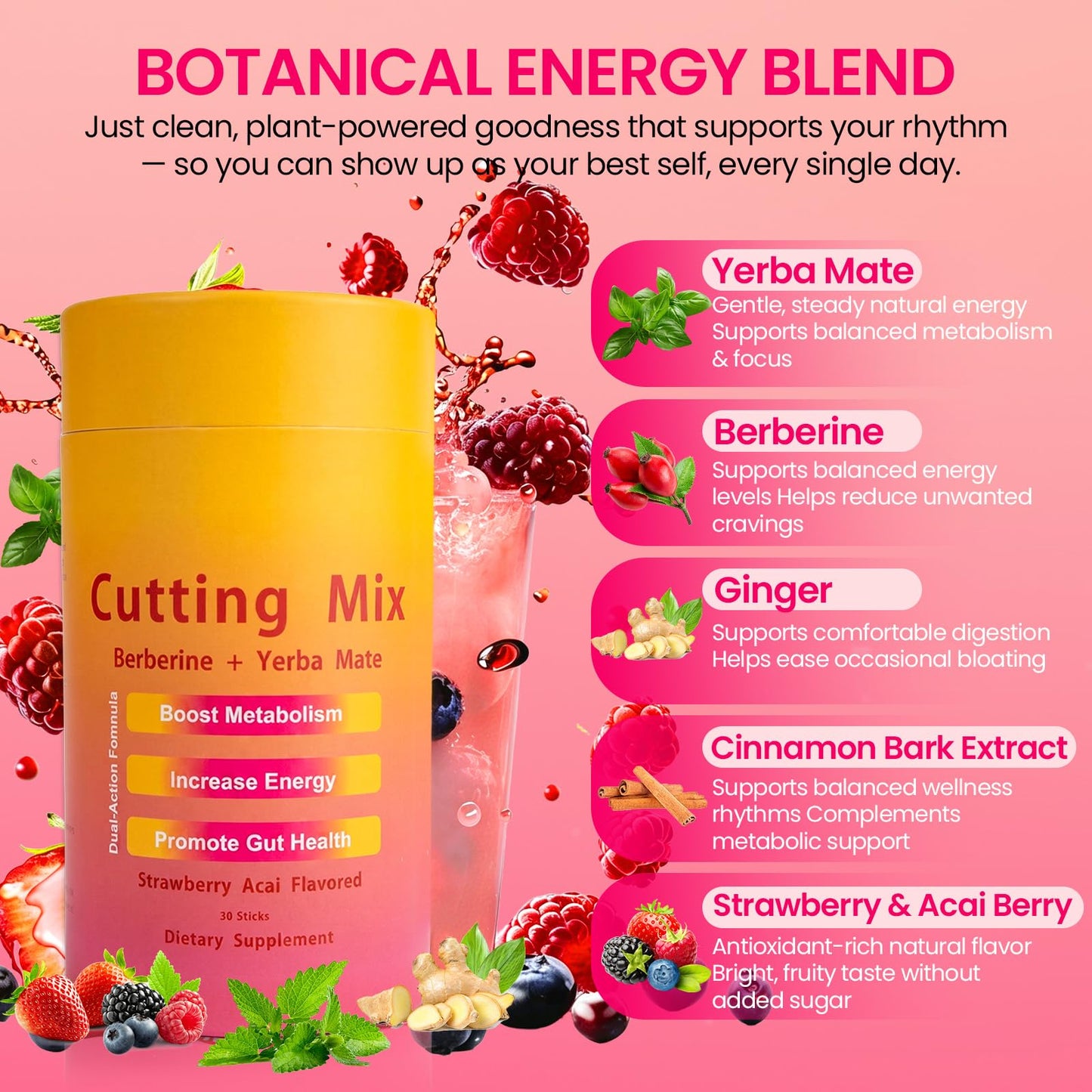 BOYAO Cutting Mix Fat Shaping Powder with 5-HTP (5-Hydroxytryptophan), Yerba Mate & Berberine, Daily Energy & Metabolism Support, Strawberry Acai Flavor, 30