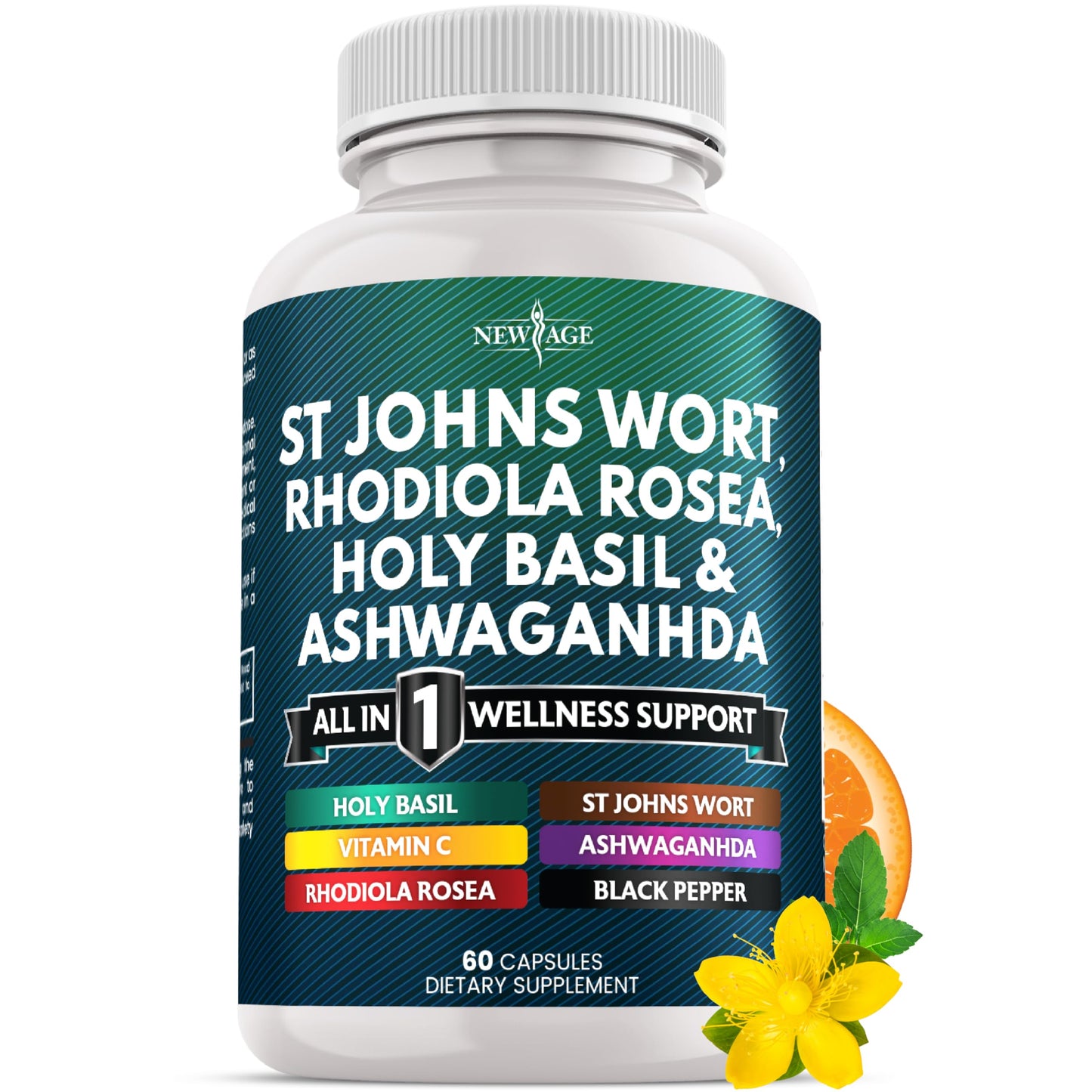 NEW AGE St John's Wort, Rhodiola Rosea, Holy Basil, Ashwagandha with Vitamin C & Black Pepper Extract Capsules, 60 Capsules