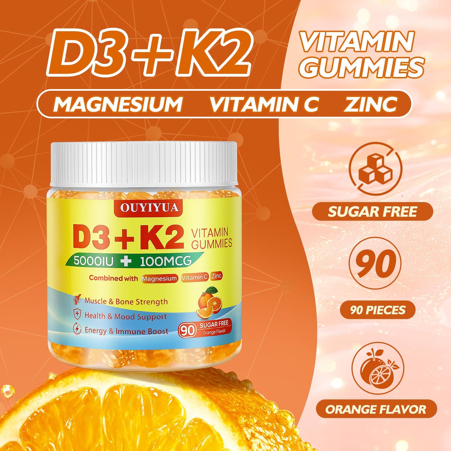 OUYIYUA Vitamin D3 K2 Gummies, 5000IU + 100mcg, 90 Count