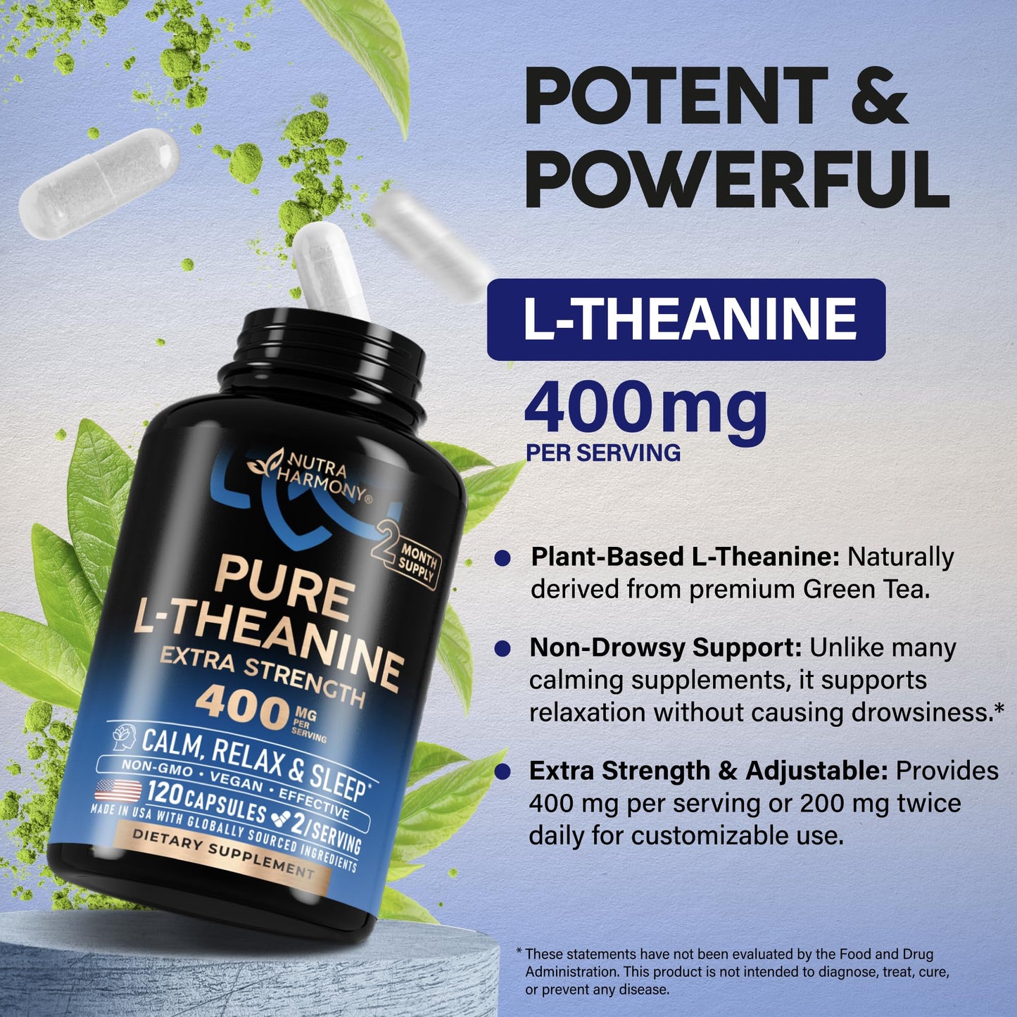 NUTRAHARMONY L-Theanine 400 mg Capsules, 120 Count