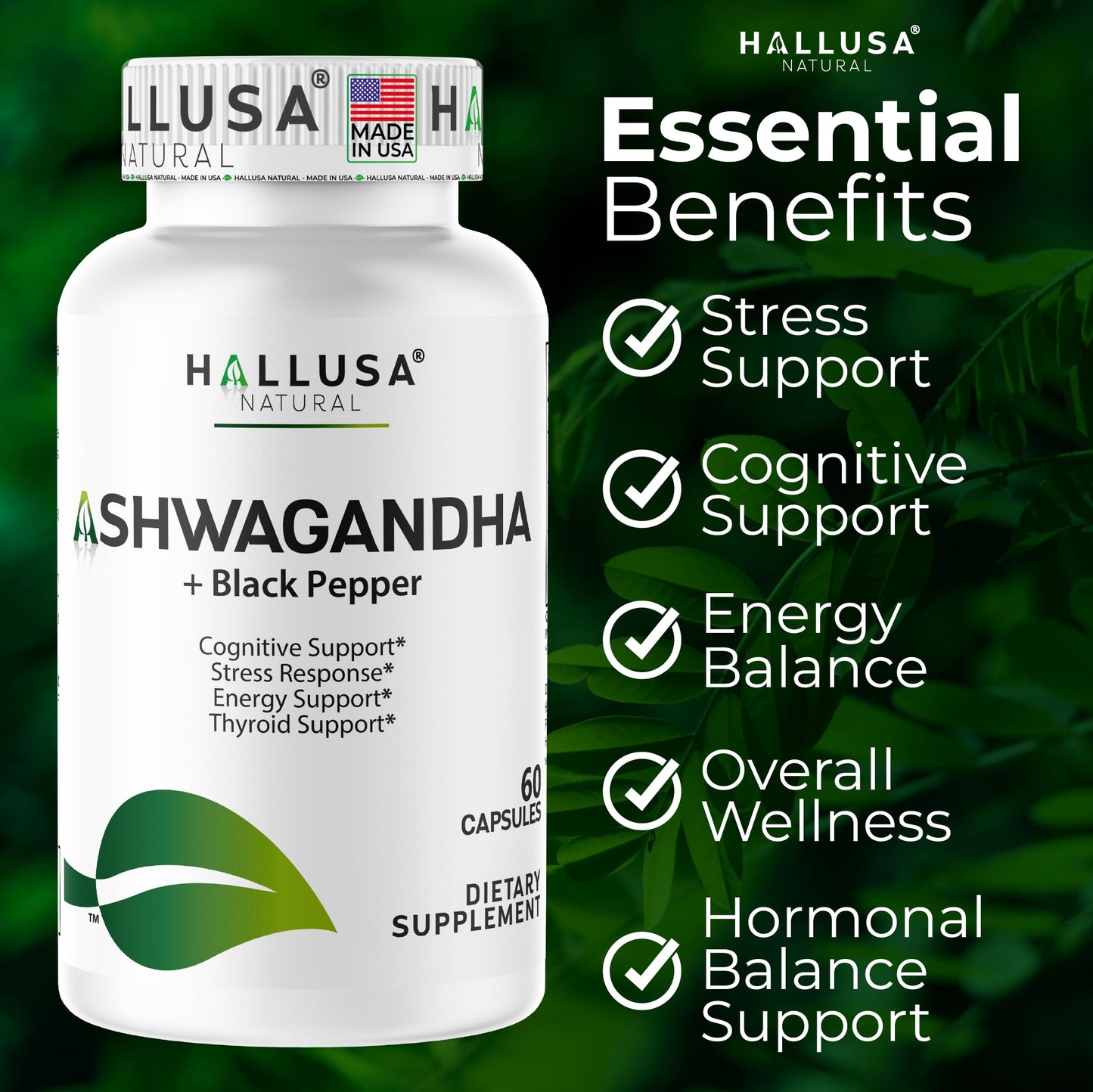 Hallusa Natural Organic Ashwagandha with Black Pepper 1050 mg, 60 Capsules