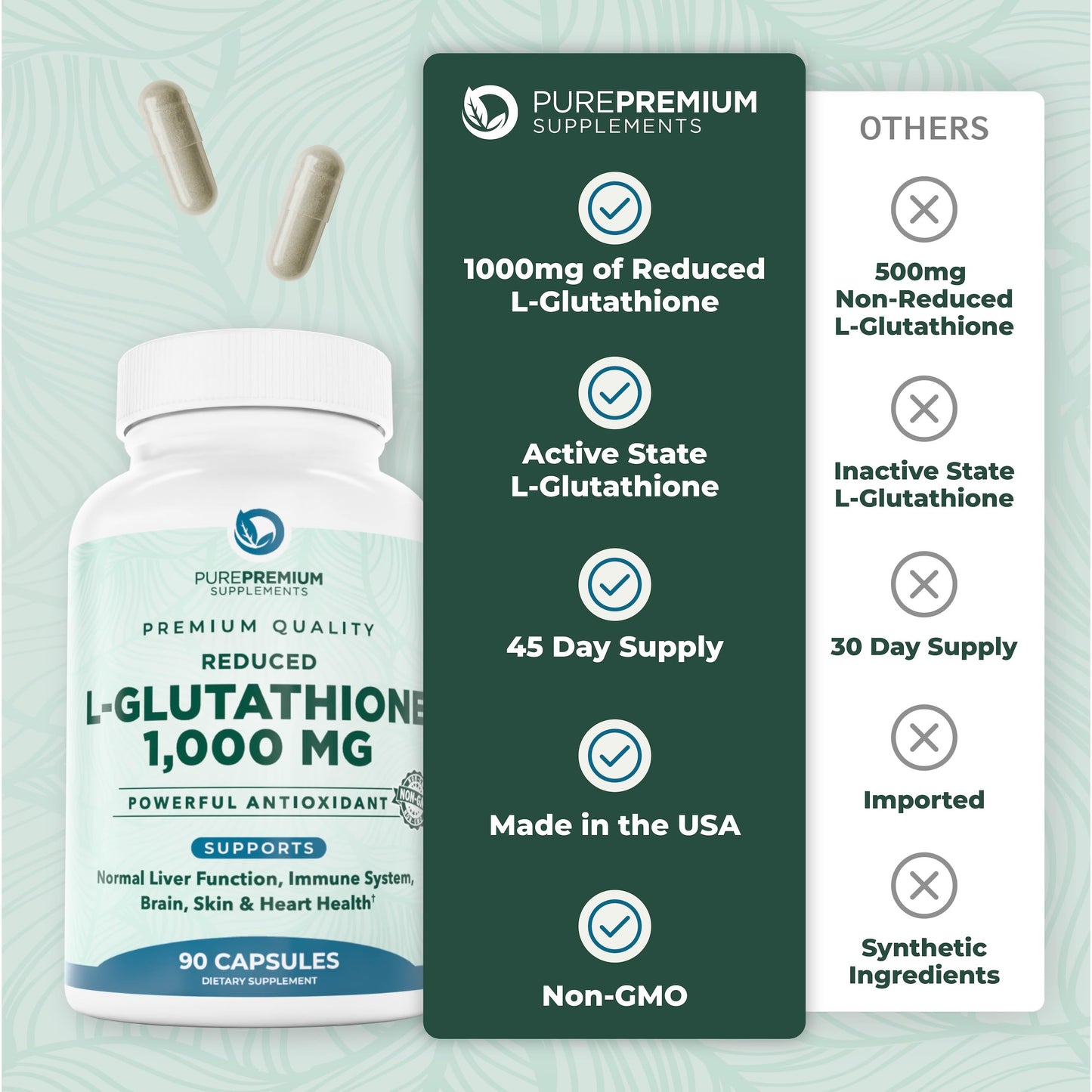 PurePremium Supplements Reduced Glutathione 1000mg per Serving – 98% Purity, 500mg per Capsule – Antioxidant Support for Liver Detox, Skin, Brain & Immune System, Capsule, 90 Count