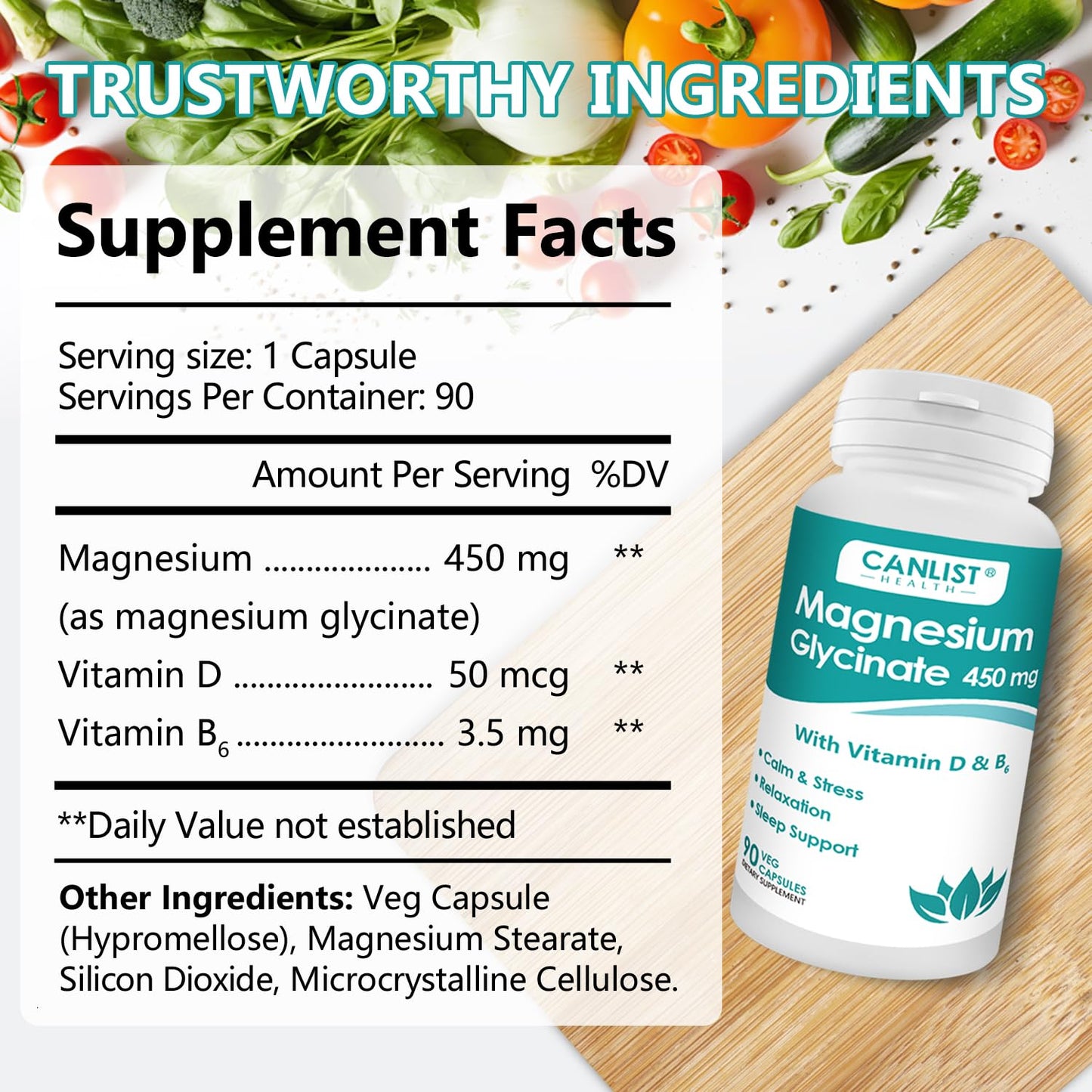 CANLIST Magnesium Glycinate Capsules 450mg, 90 Count