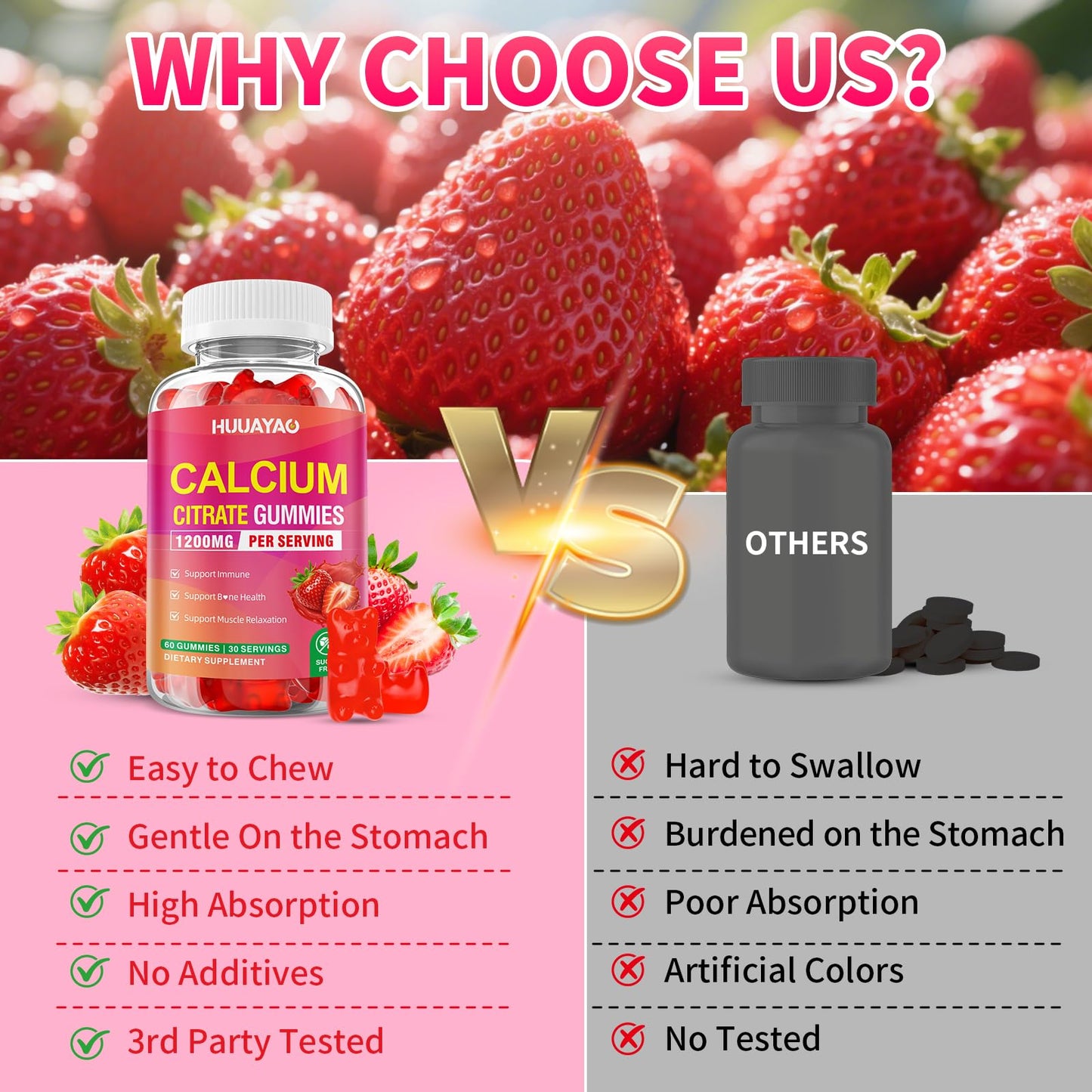 HUUAYAO Calcium Citrate Gummies 1200mg, Sugar Free Strawberry Flavor, 60 Gummies