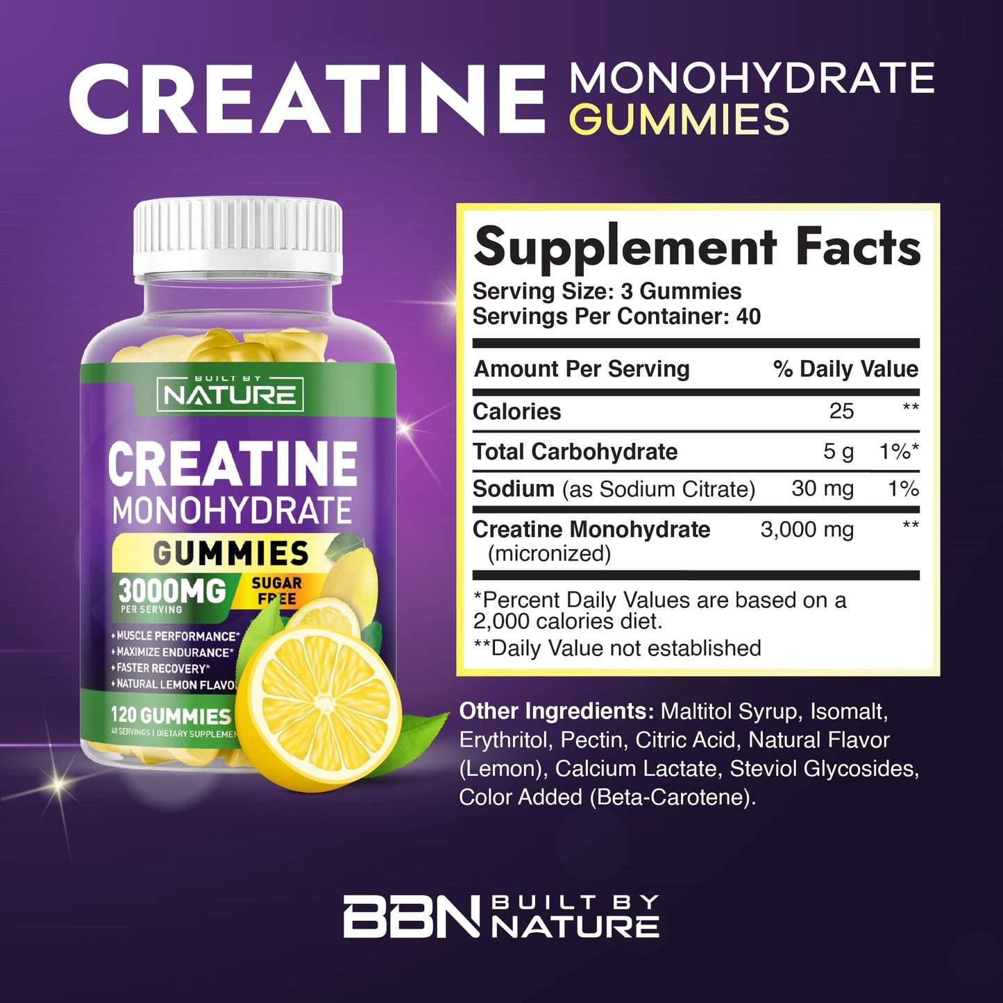 Built by Nature Sugar Free Creatine Monohydrate Gummy, 120 Gummies