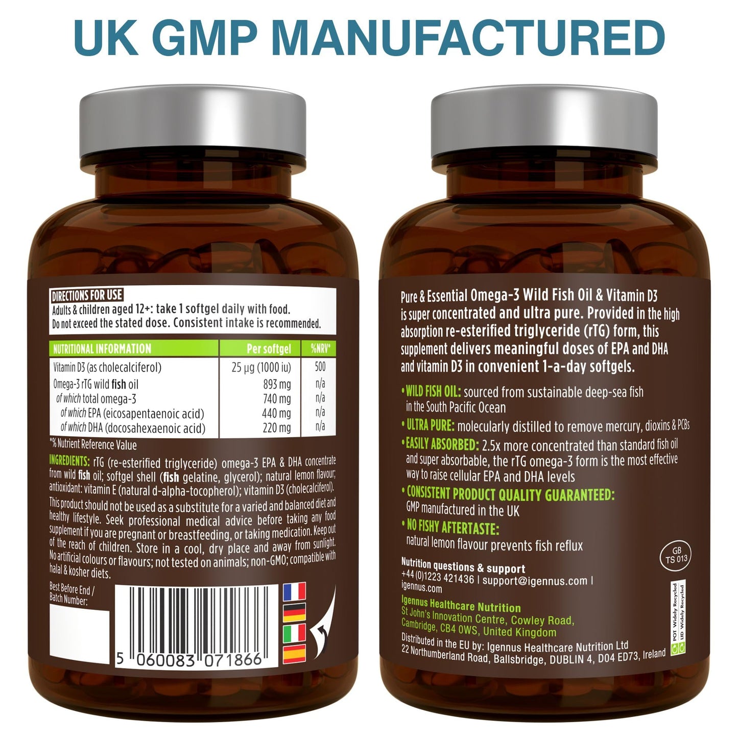 Igennus Healthcare Nutrition Advanced rTG Omega-3 IFOS Certified Wild Fish Oil & Vitamin D3 Softgels 180