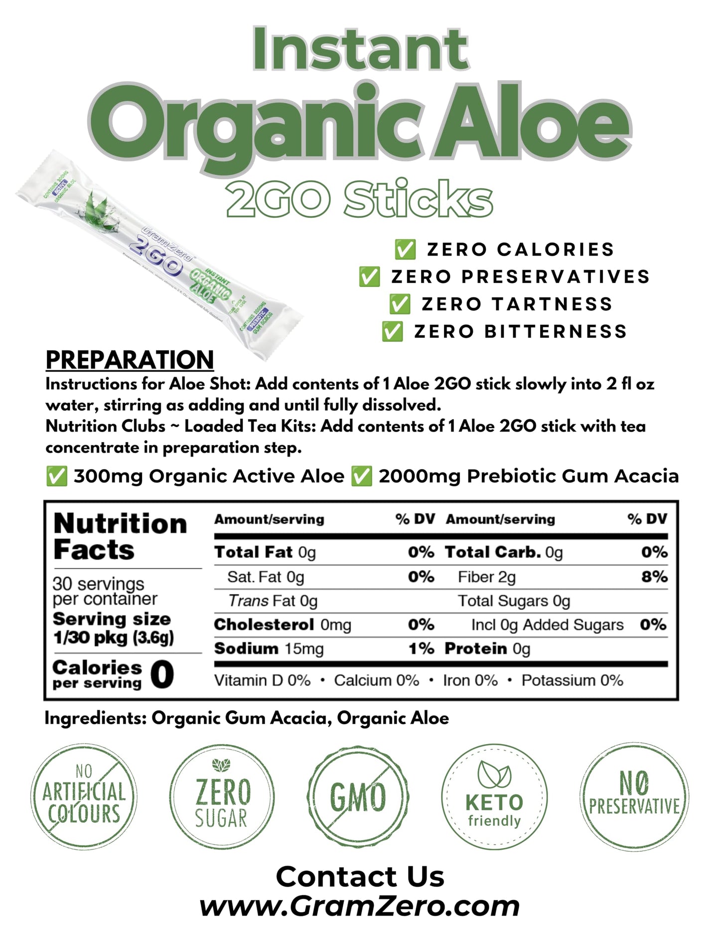 GramZero 2GO Sticks Organic Aloe Unflavored Powder, 12.7 Ounce