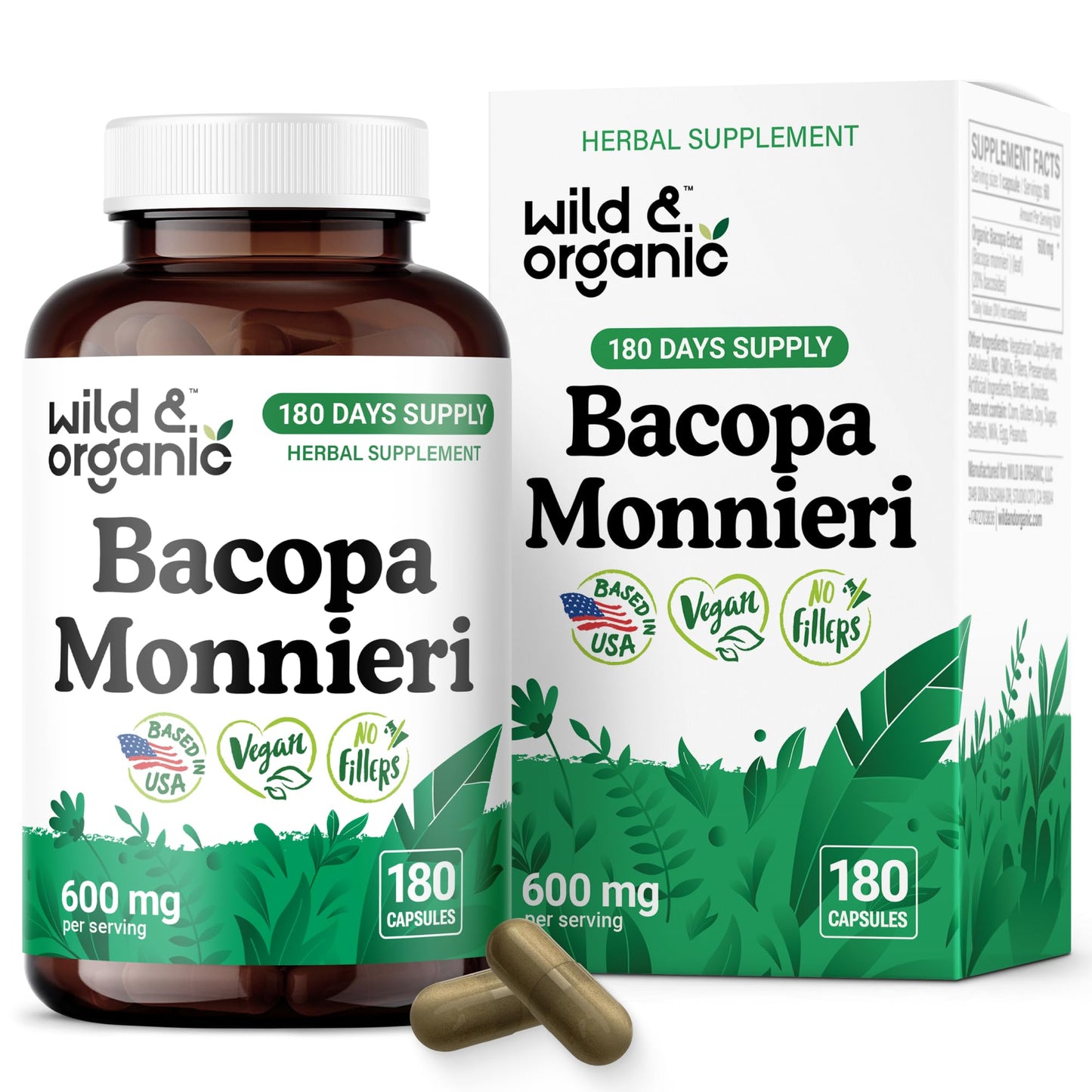 Wild & Organic Bacopa Monnieri Capsules 600 mg, 180 Count
