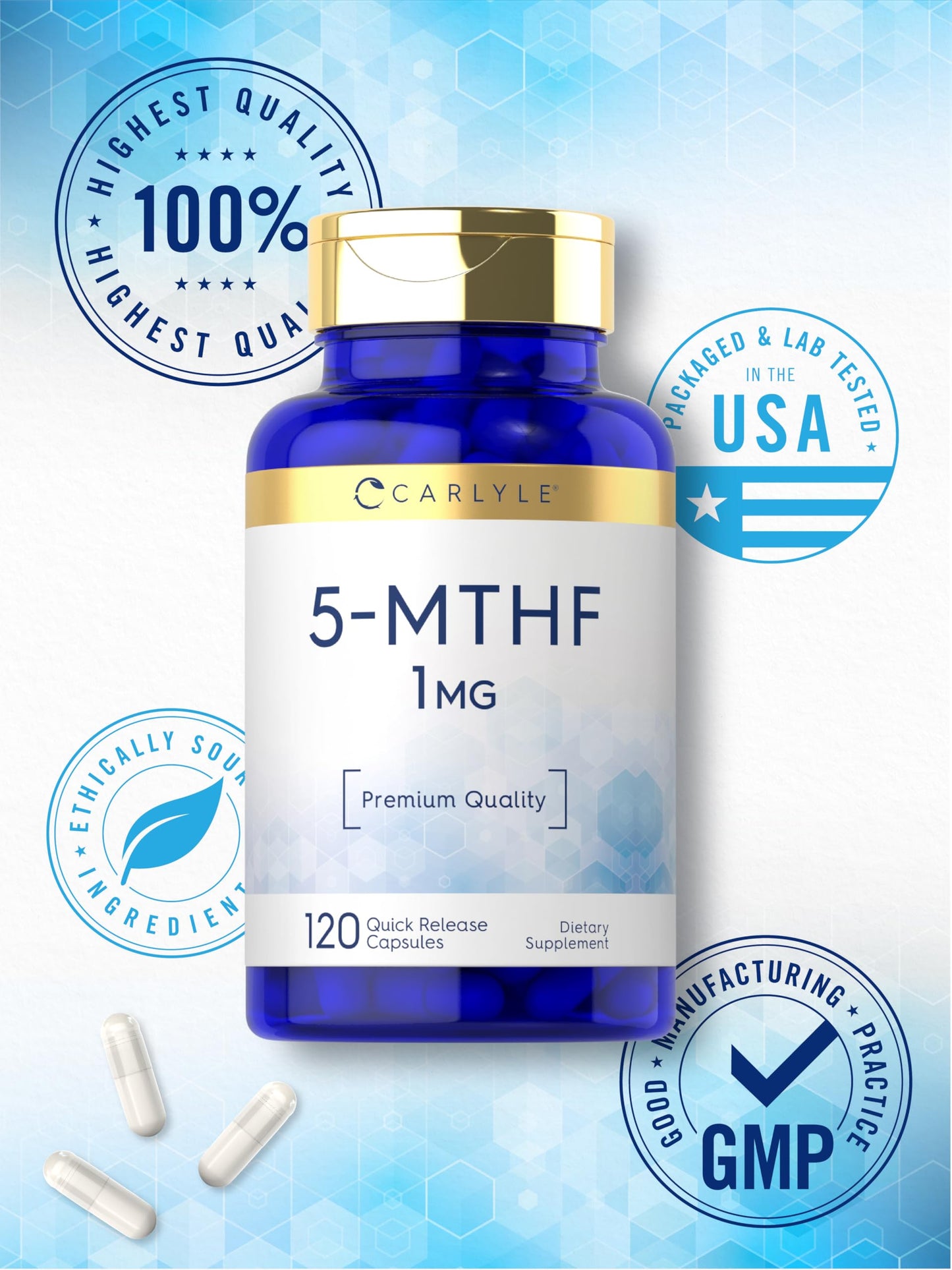 Carlyle 5-MTHF L Methylfolate 1mg Capsules, 120 Count, Non-GMO & Gluten Free