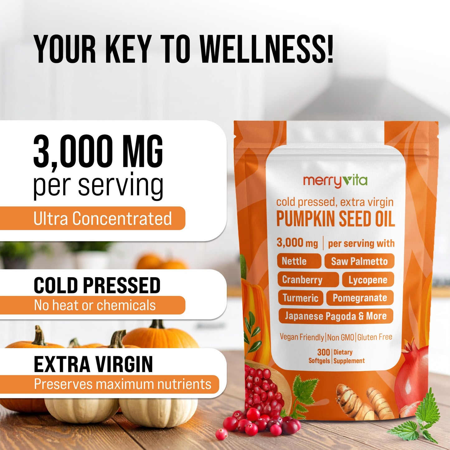 MERRY VITA Pumpkin Seed Oil with Saw Palmetto, Turmeric, Nettle & More Softgels, 300