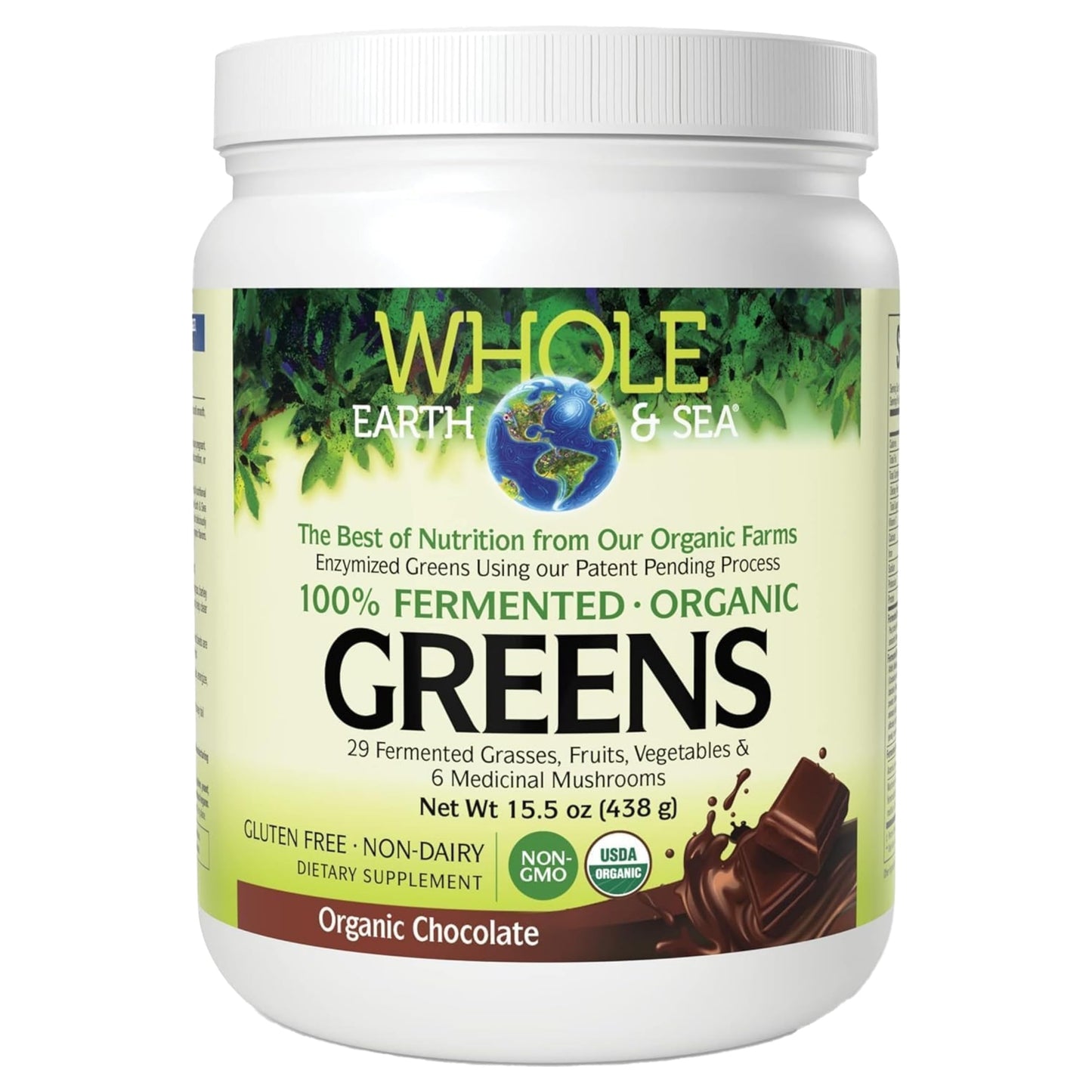 Natural Factors Whole Earth & Sea Organic Fermented Greens Vegan Whole Food Supplement Chocolate Powder 15.5 oz