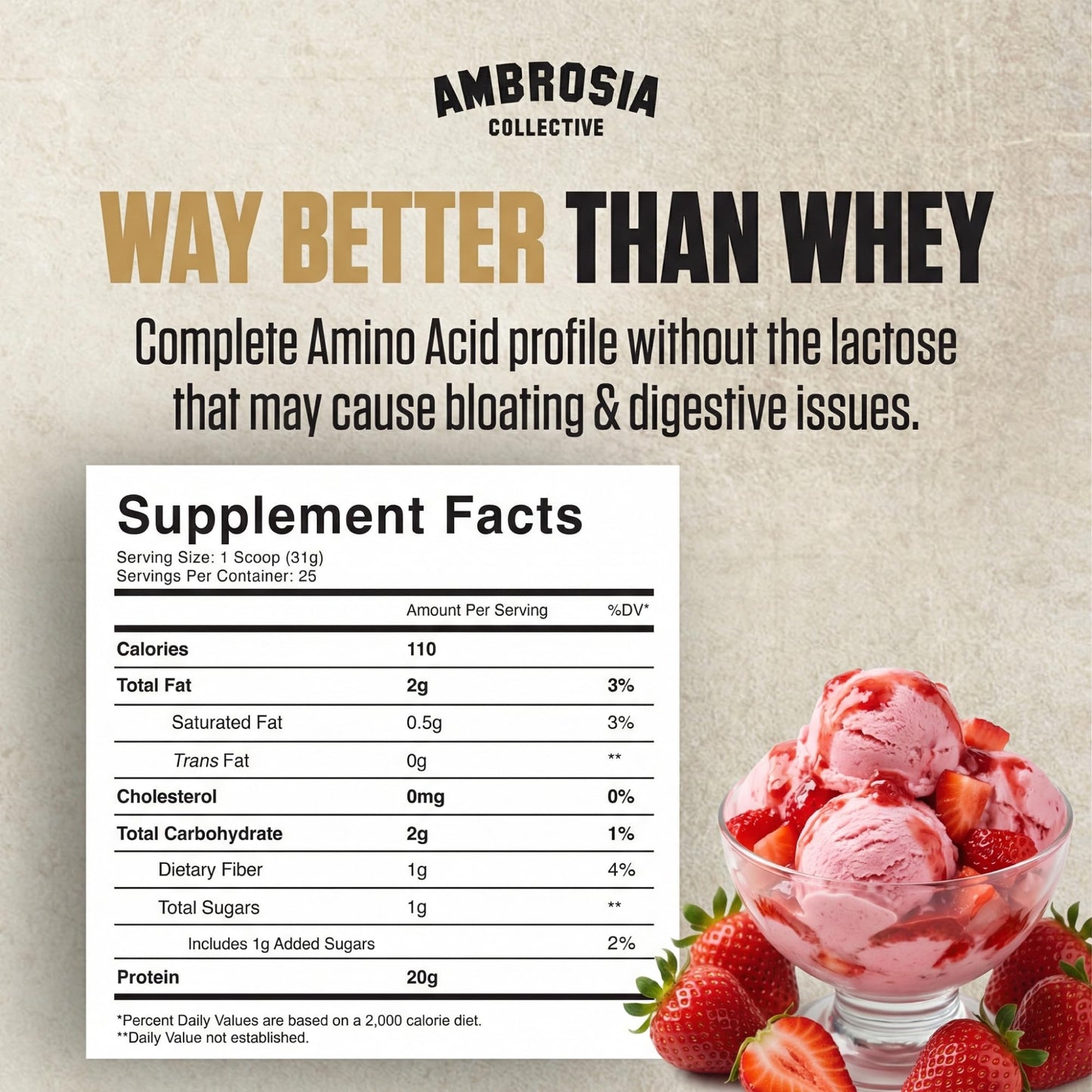 Ambrosia Plant Based Pea Protein Powder Strawberry Ice Cream Flavor, 25 Servings