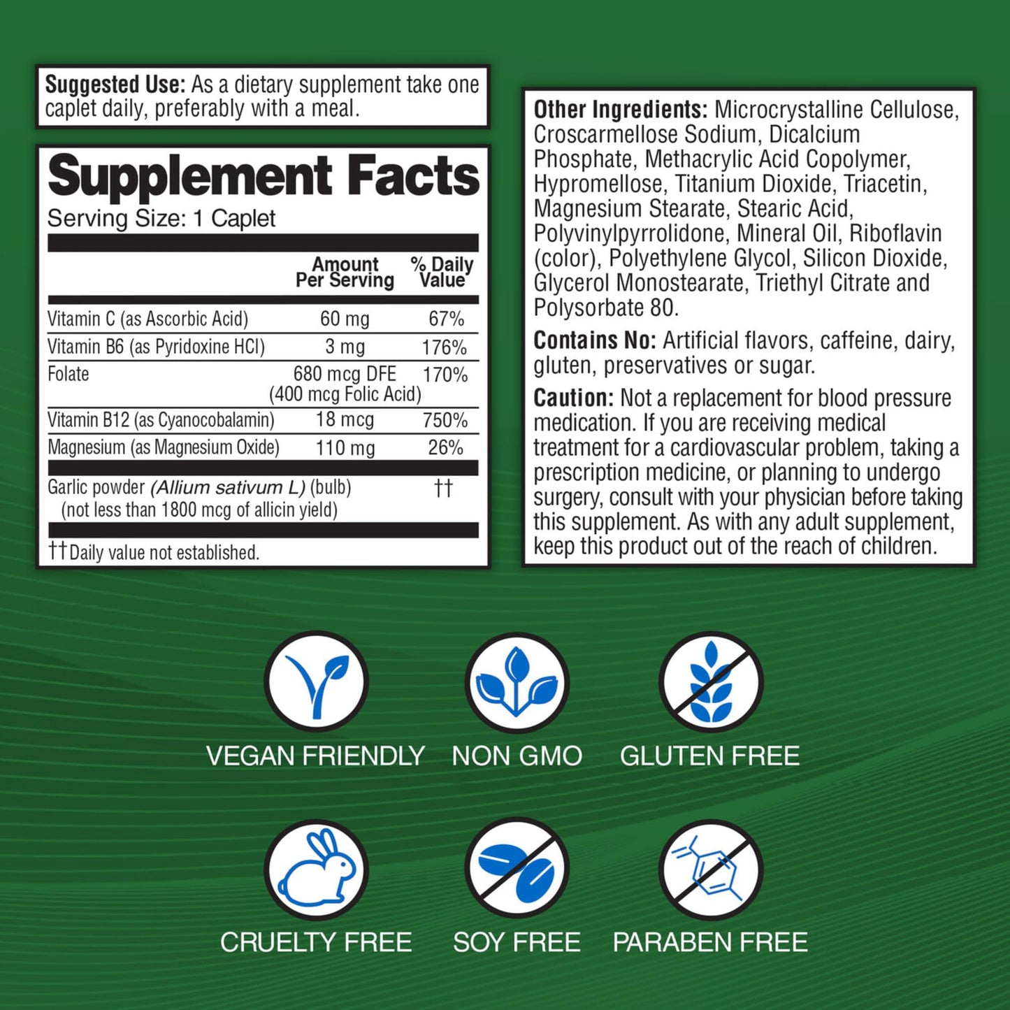 Garlique Garlic Extract Supplement, Healthy Blood Pressure Formula, Odorless & Vegan Caplets 60