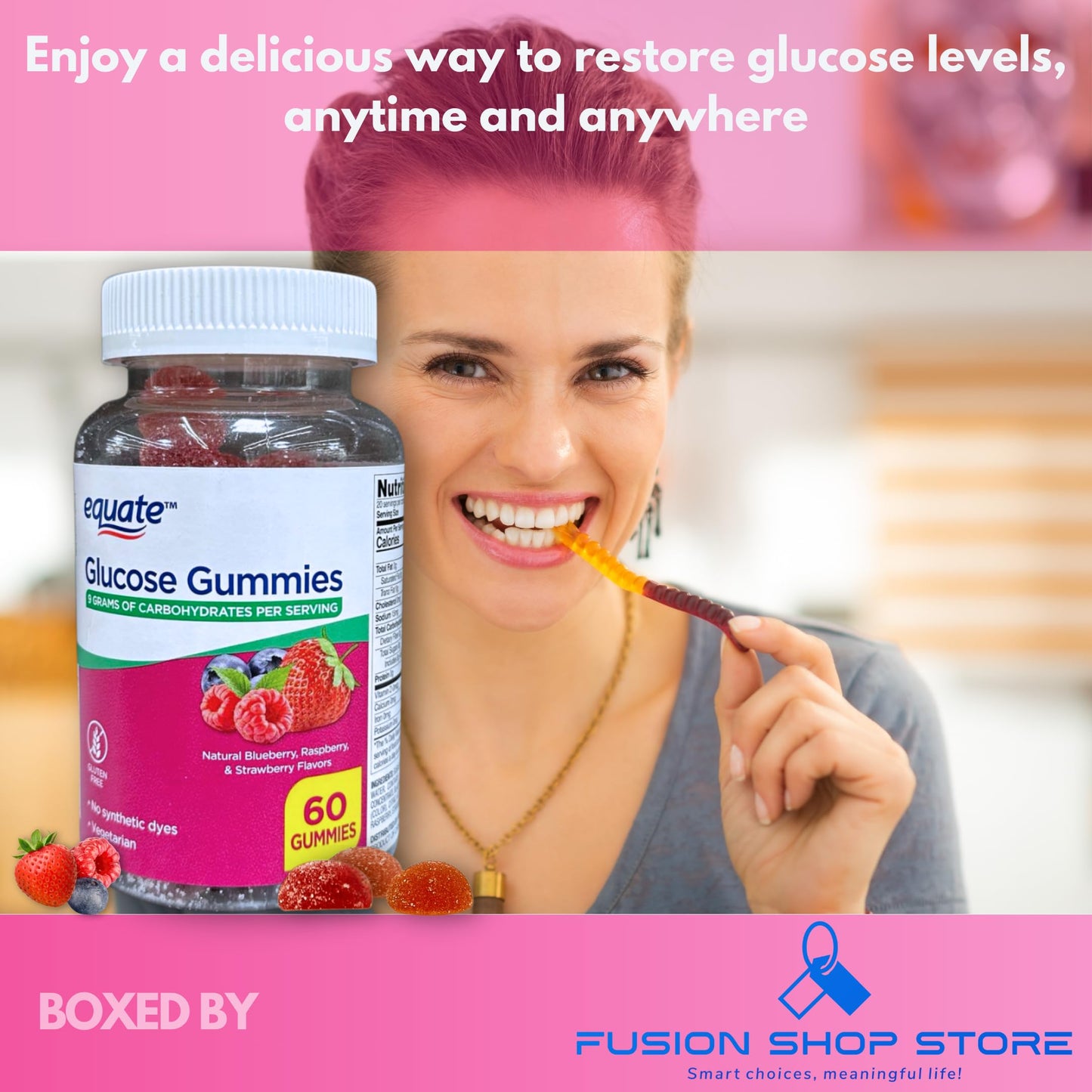 FUSION SHOP STORE Glucose Gummies- Blueberry Raspberry and Strawberry Flavor, 60 Gummies