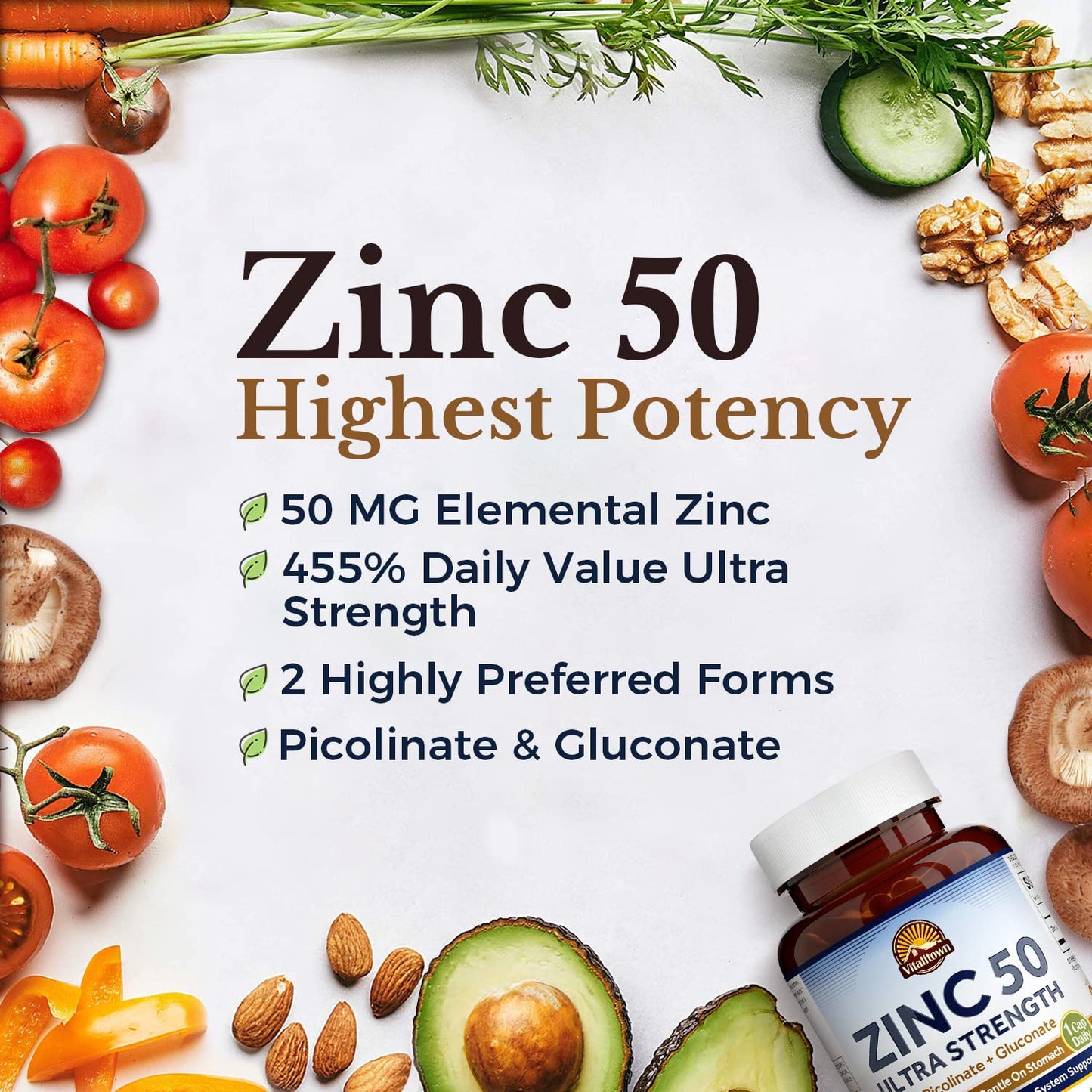 Vitalitown Chelated Zinc 50 mg, Zinc Picolinate & Gluconate Capsule, 120 Capsules