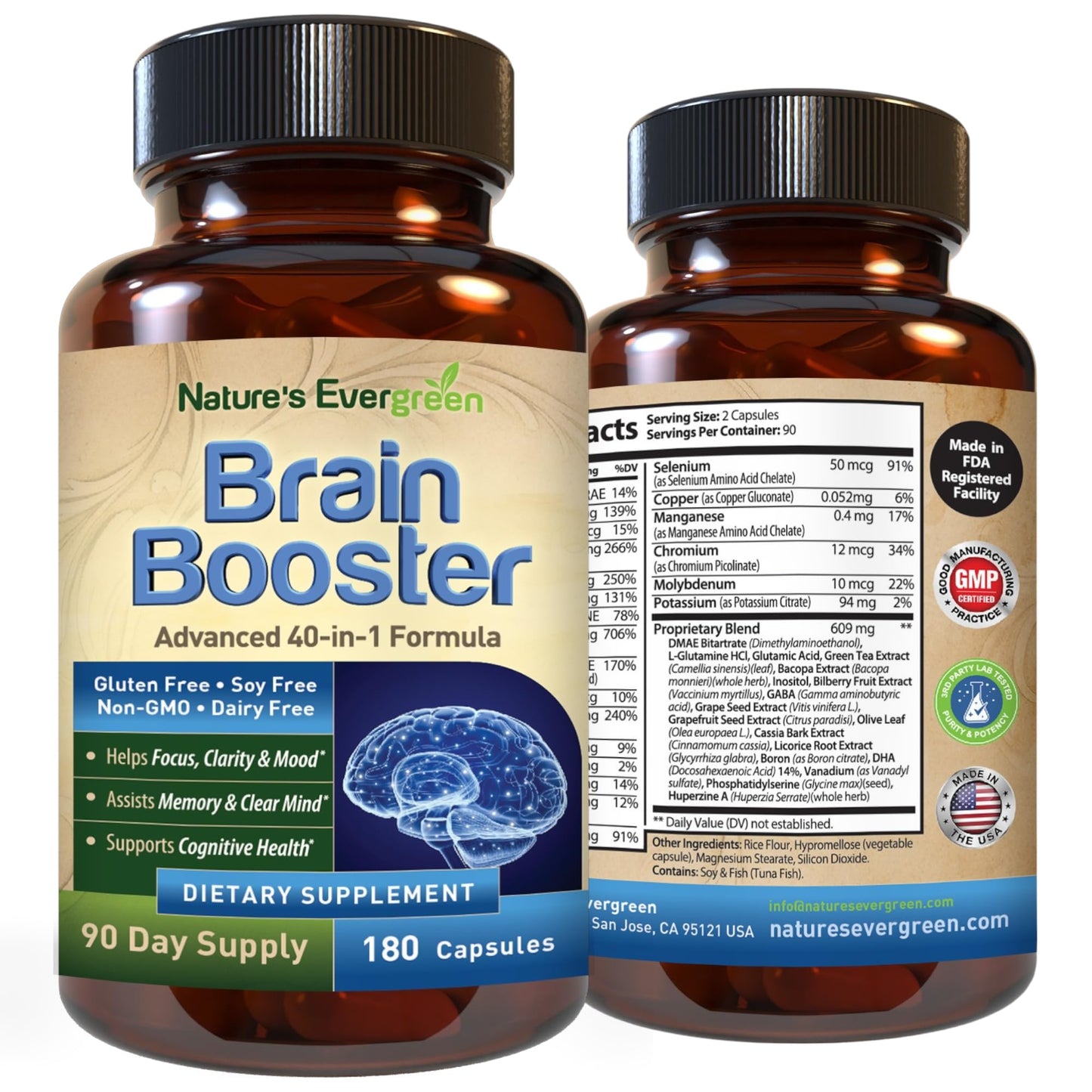 Nature's Evergreen Brain Booster 40-in-1 Formula Nootropic Supplement Capsules, 180 Capsules