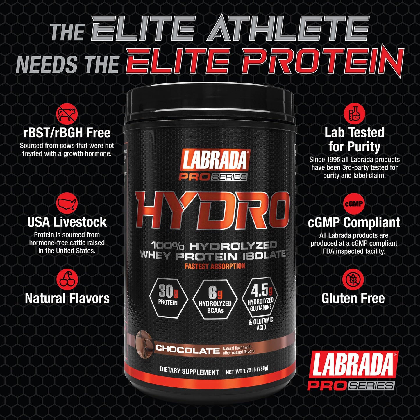 Labrada Hydro 100% Pure Hydrolyzed Whey Protein Isolate Powder, 20 Servings, Chocolate